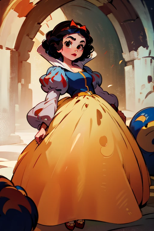 long dress, with a white collar, blue and puffy sleeves, a yellow skirt, and a laced petticoat, 1 girl, sweet, plump face with small lips, large brown eyes and thin, arched eyebrows, soft red lips, short and curled, red headband with a bow