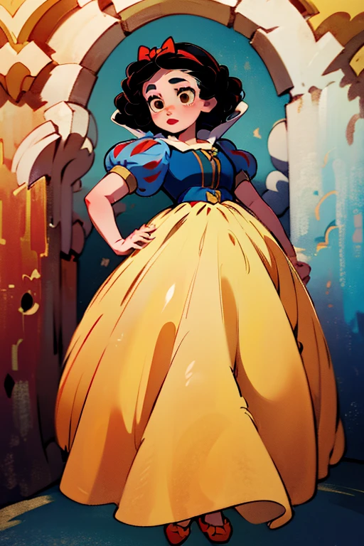 long dress, with a white collar, blue and puffy sleeves, a yellow skirt, and a laced petticoat, 1 girl, sweet, plump face with small lips, large brown eyes and thin, arched eyebrows, soft red lips, short and curled, red headband with a bow