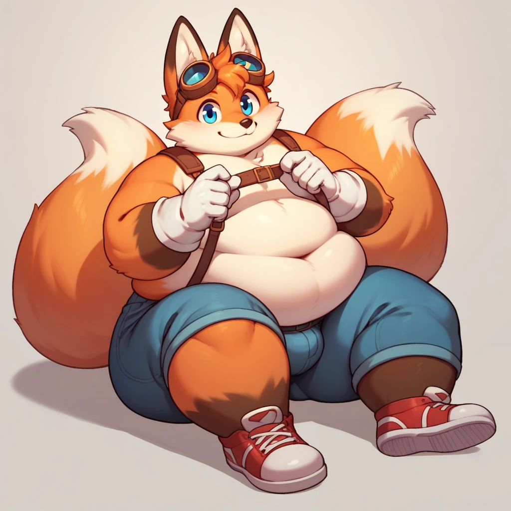 obese tails_boom, solo, obese body, smile, blue eyes, gloves, 1boy, animal ears, male focus, white gloves, fox ears,red shoes , goggles, big checks, thick thighs, cute, furry, two tails, goggles on ,furry male, animal nose, obese fox femboy, night florest