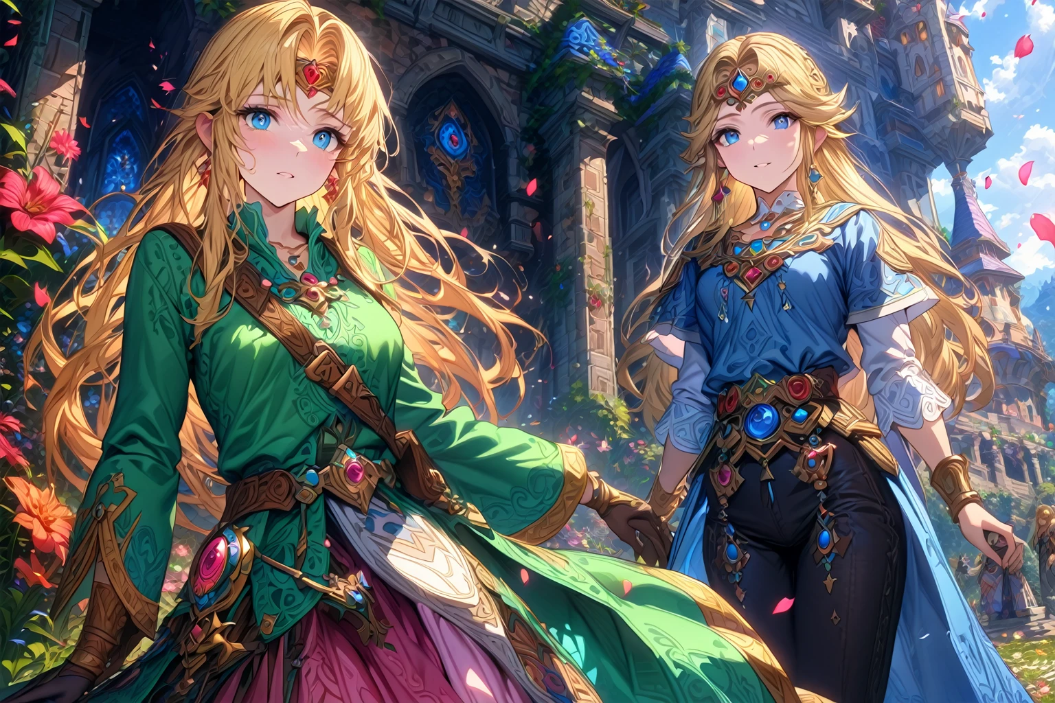 absurdres, highres, ultra detailed, HDR, master piece, Zelda, blonde hair, expressive blue eyes, two woman together, pink dress, best quality, The Legend Of Zelda (Link between worlds), fantasy, magical, sensual, glittering, accessories, extremely beautiful, detailed face, detailed eyes, blue forest, petals, shining, castle, garden, flowers