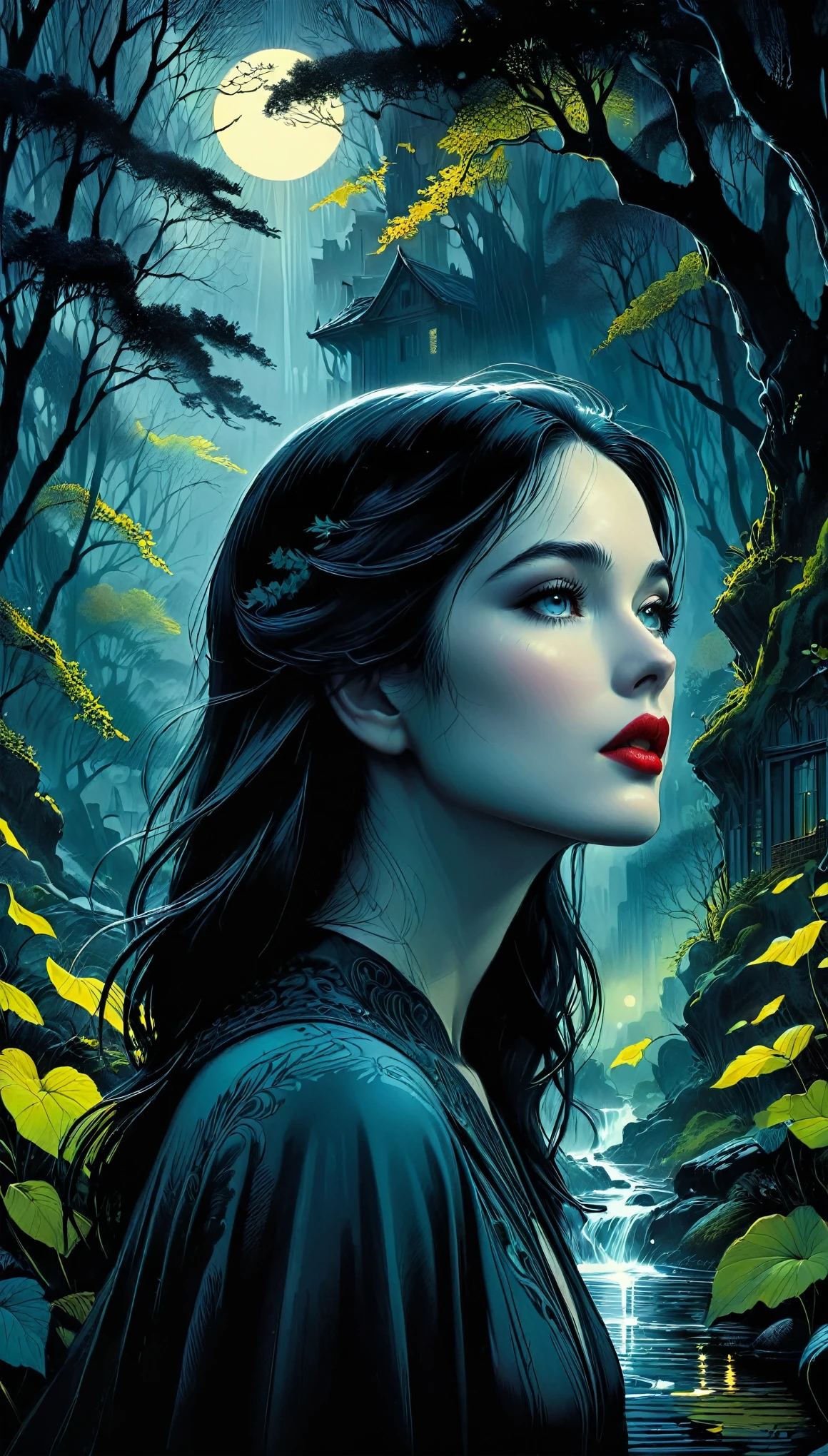 masterpiece hyper-realistic work of art, God give me the answers to my dreams, style of Eyvind Earle and Raymond Duchamp-Villon, in, [low angle, detailed lips and eyes, financially struggling, wild expressions, mysterious atmosphere, darkness encompassing, suspense-building, concentrated, scary, sinisterly lit. cinematic Removed From Im