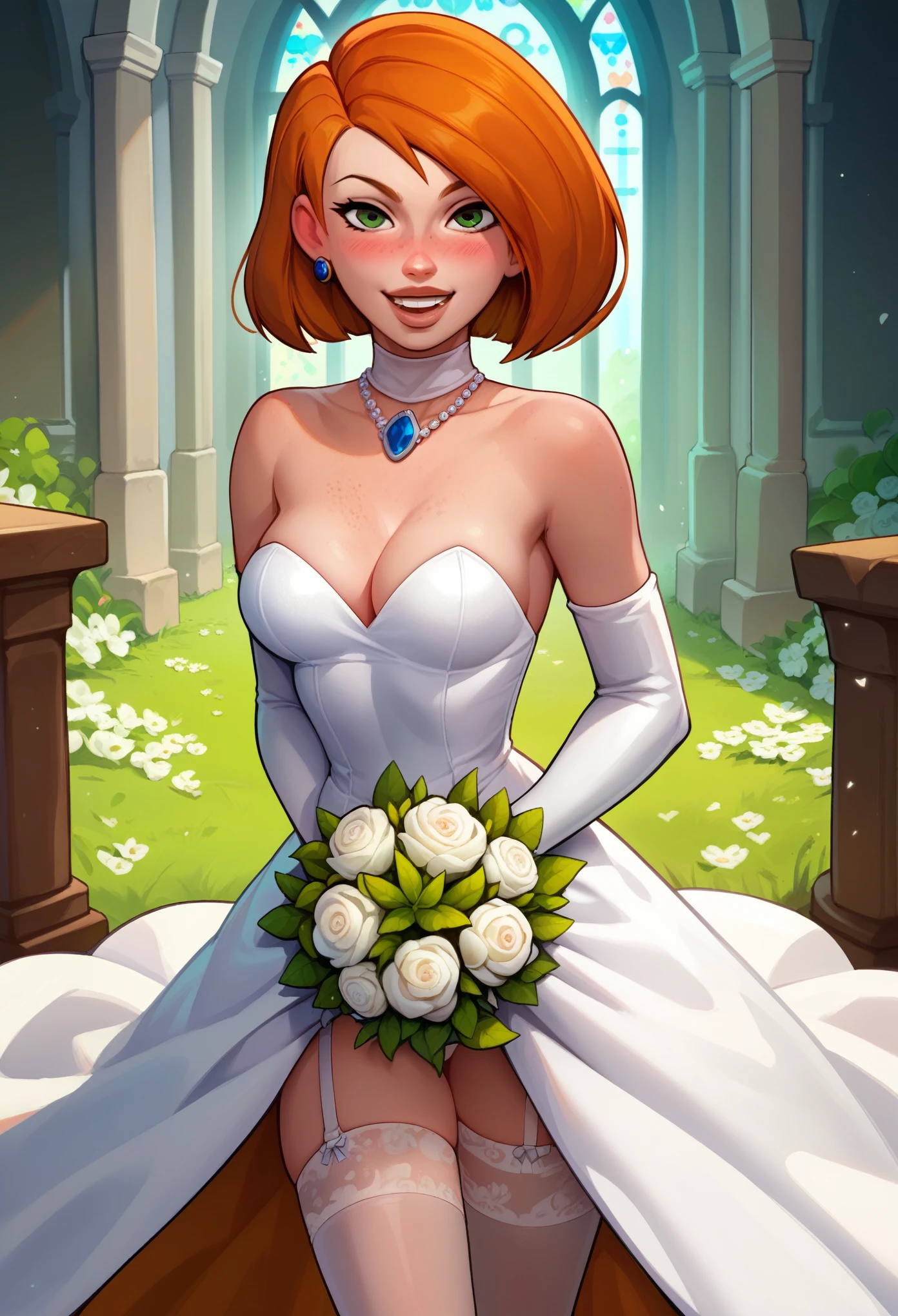 score_9, score_8_up, score_7_up, score_6_up, score_5_up, score_4_up, looking at viewer, 1 girl, Kim Possible, front view, medium breasts, (long orange hair), cleavage, green eyes, (white wedding dress with a side cut), leg visible, (white sleeve gloves), realistic, lips, nose, blush, freckles, (standing), holding a bouquet of flowers, seductive look, looking at viewer, smile with teeth, (church background), full body