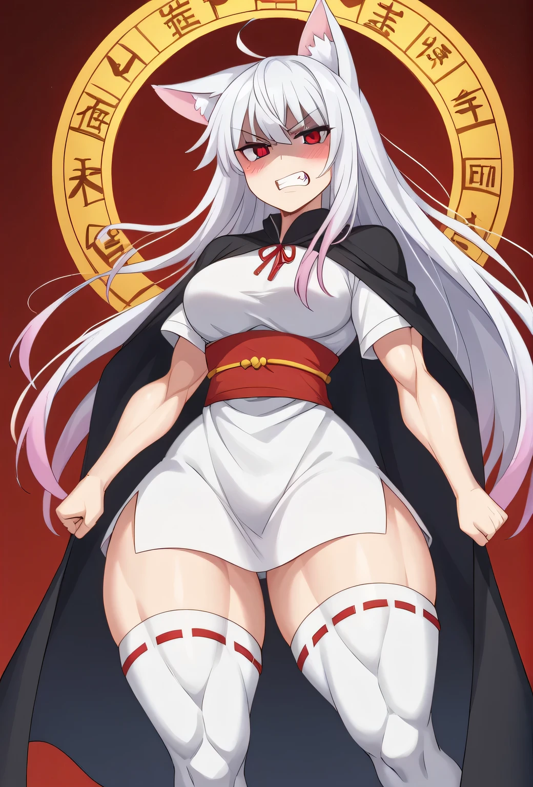 ((best quality)), ((masterpiece)), (detailed), (perfect anatomy), (exquisite clothing);
Dark room, old wooden temple;
1girl, solo, clenching fist;
Perfect face, white hair, fox ears, very long hair, fanged bangs, sidelocks, blushing, perfect eyes, red eyes, black pupils;
Semi-closed eyes, shaded face, killing intent, glaring, gnarly teeth, feral mode;
(Muscular:1.2), Tall, deltoids, trapezius, medium breasts, thick arms, biceps, triceps, abs, obliques, long waist, wide hips, glutes, (thick thighs:1.4), quads, veins, hamstrings;
(black cloak, golden patterns, fringed-trim), (White tunic, long tunic), black obi, thigh highs, beads.