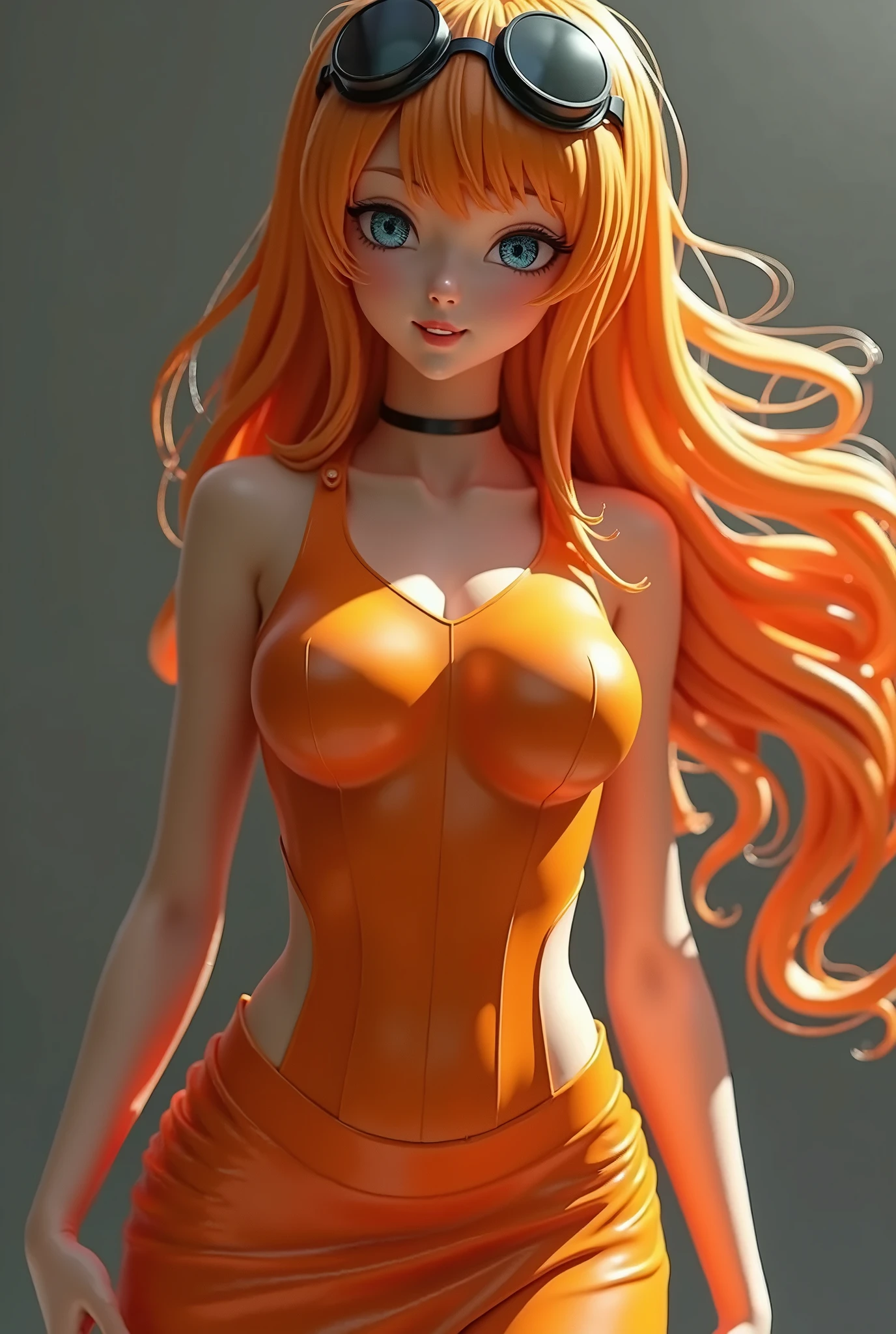 masterpiece, best quality, 3d rendering work, 3DMM style, 3D, 1girl, solo, multicolor hair, yellow hair, orange hair, necklace, freckles, jewelry, two tone hair, looking to side, realistic, body full, light simple background, bangs, looking away, long hair, parted lips, green eyes, goth ,choker, makeup, yellow outfit, smiling, beautiful teeth, perfect arms, perfect hands, legs, perfect, yellow shoe