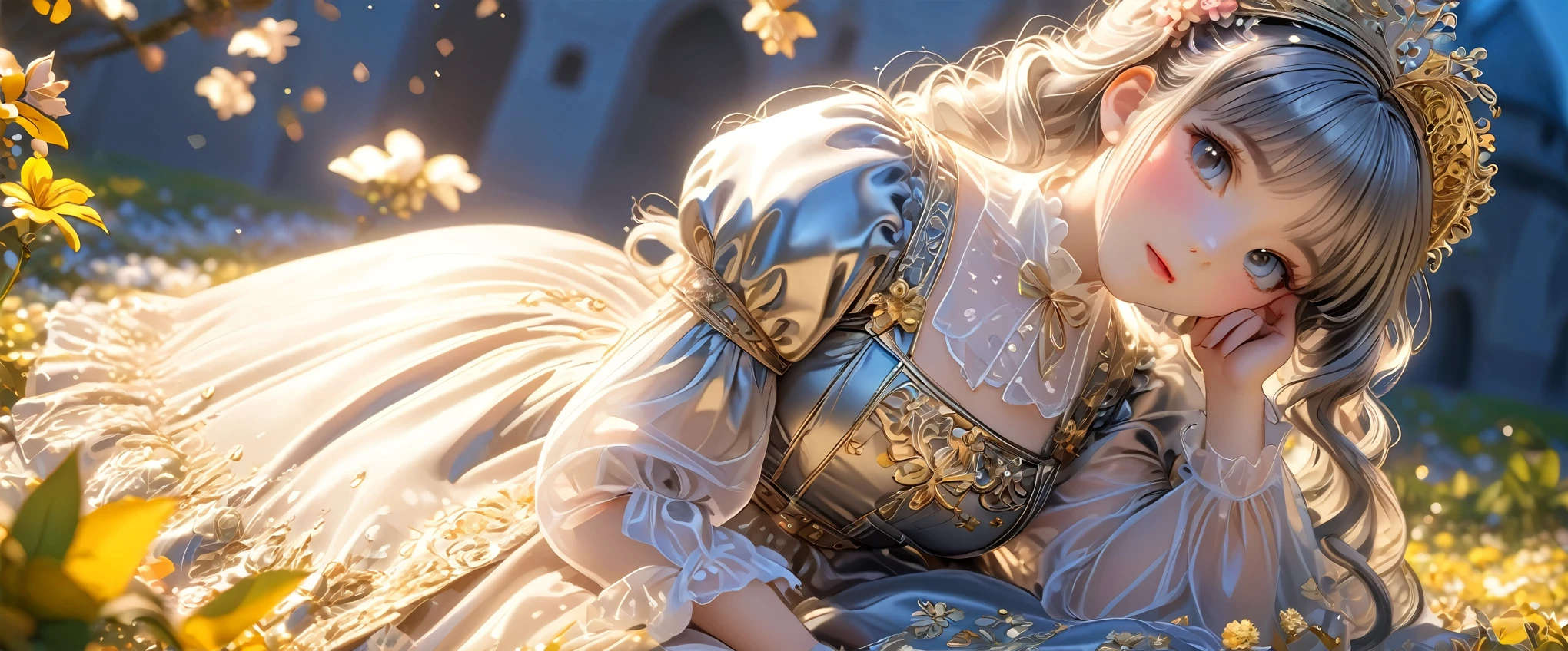 (Highly detailed CG Octane render 8k wallpaper), The most beautiful works of art in the world, Full body shot from below, Complex, high detail, 8Year old girl, Gold and silver embroidery, ロングBloomersを履いている, Medieval Long Dress(With panniers), Crystal clear fabric, Pull up your skirt, Strong winds, Transparent slip, Translucent tights, Peeking from below, Best Quality, Disarray of clothing, Lying down, underwear, Show off your thighs, night, Skirt lining, Bloomers