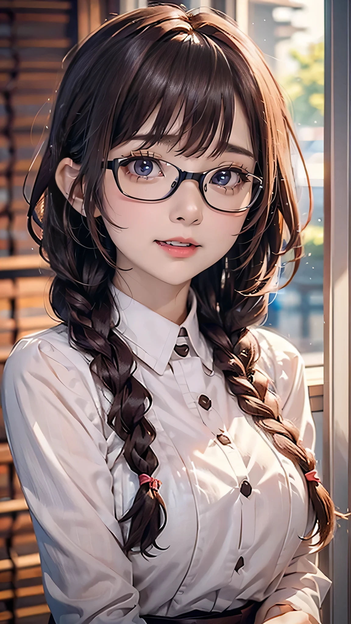 View your audience,high school girl,Leaning forward,(Random cute clothes),(Random animation pose),(Thin type),(Large Breasts),(Random hairstyle),(Best image quality, (8K), Ultra-realistic, 最high quality, high quality, High resolution, high qualityの質感, Attention to detail, Beautiful details, Fine details, Extremely detailed CG, Detailed Texture, Realistic facial expressions, masterpiece, in front),(Wearing glasses:1.1)