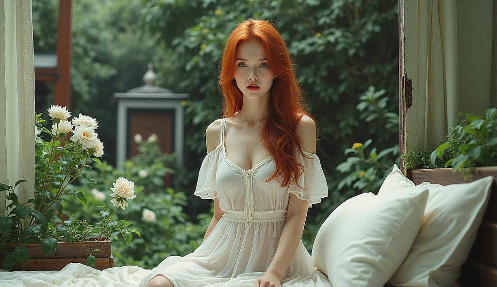 VHS footage, 16 year old pre-teen, (real skin:1.3), long hair:1.3, redhead, lolita dress, no panties, raped, sexual pose, cute mutant girl, photorealistic
