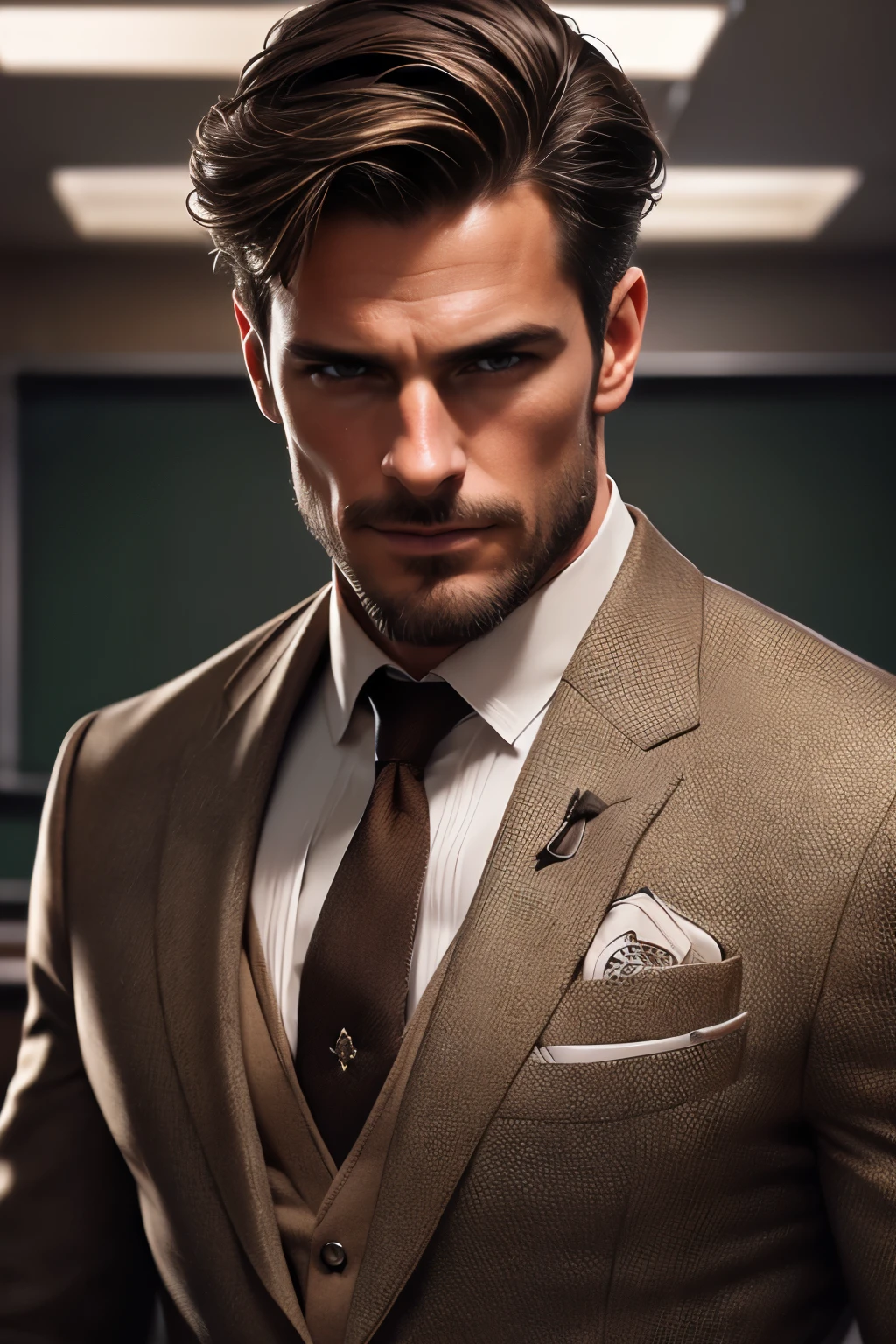 handsome male, 50 year old man, attractive, with an elegant suit, in a classroom, (brown hair with some white streaks), extremely detailed face, hyper detailed, realistic, photorealistic, 8k, high quality, studio lighting, detailed male body