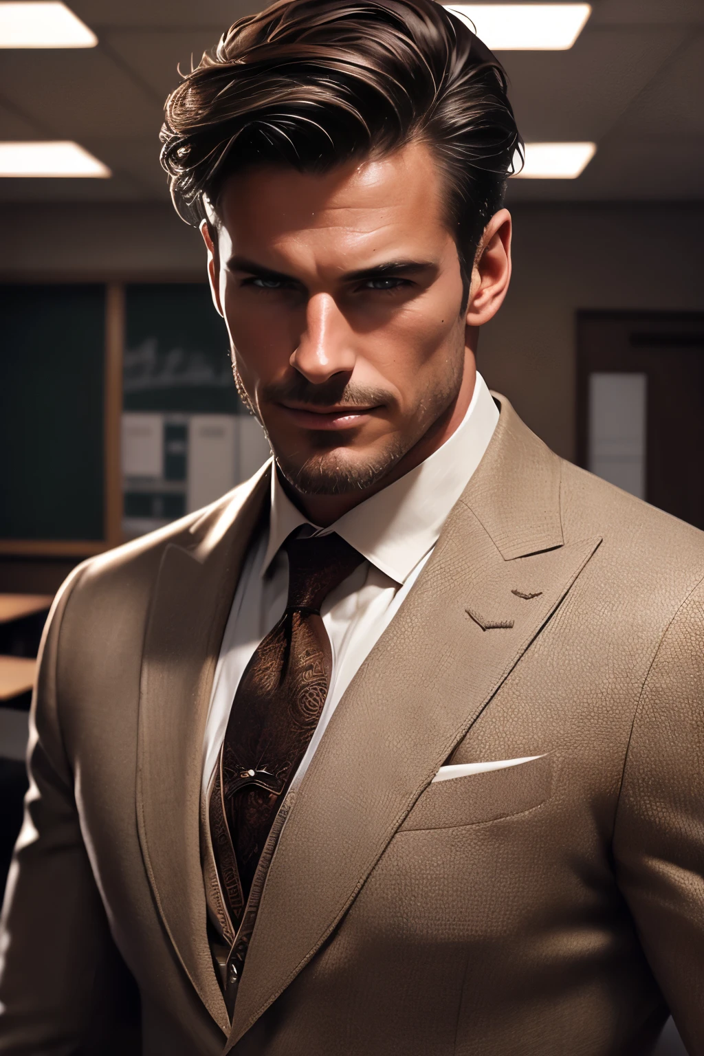 handsome male, 50 year old man, attractive, with an elegant suit, in a classroom, (brown hair with some white streaks), extremely detailed face, hyper detailed, realistic, photorealistic, 8k, high quality, studio lighting, detailed male body