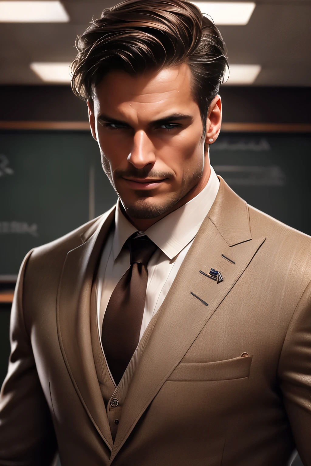 handsome male, 50 year old man, attractive, with an elegant suit, in a classroom, (brown hair with some white streaks), extremely detailed face, hyper detailed, realistic, photorealistic, 8k, high quality, studio lighting, detailed male body