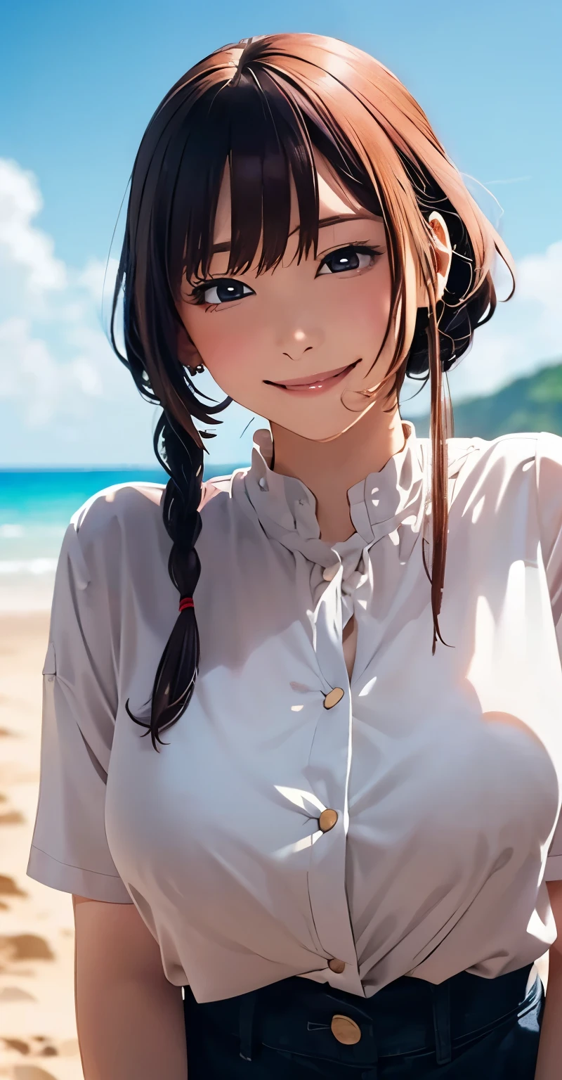 Anime illustration、Best Quality、Short and clever high school student、Braids、Hot pants、Sandy Beach、Perfect balance、((Buckshot))、(((Overwhelmingly large breasts)))、beautiful, Shining Eyes、Blushed、smile、High angle、