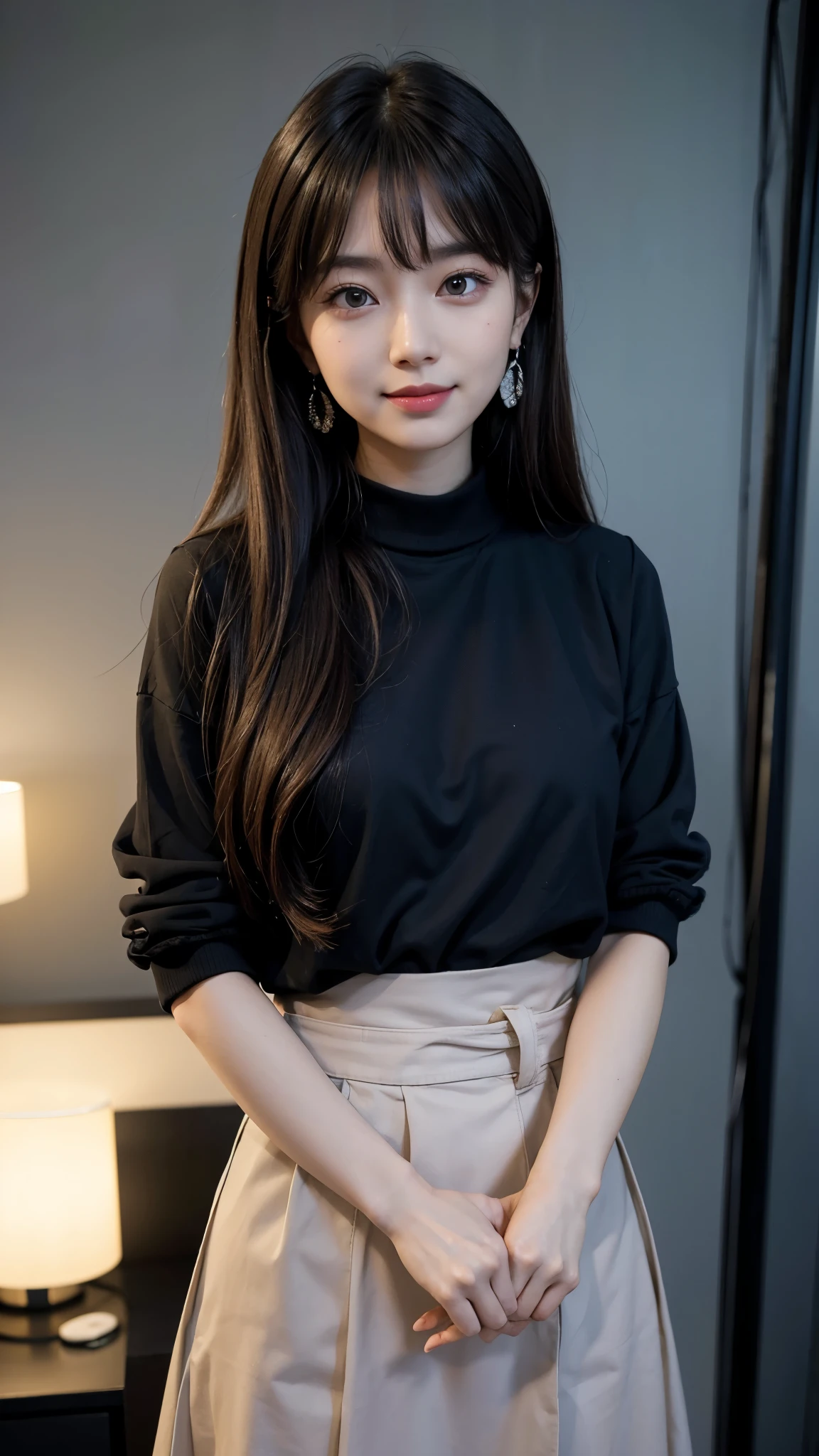 ((Masterpiece)),(Best Quality),1girl, solo, beautiful, expression smile, wear black pants, black cardigans, earrings, black baseball hat, goldenbrown hair, hair, long hair, looking at viewer , half body, detailed eyes, detailed lips, detailed skin,detailed hair, air conditioner