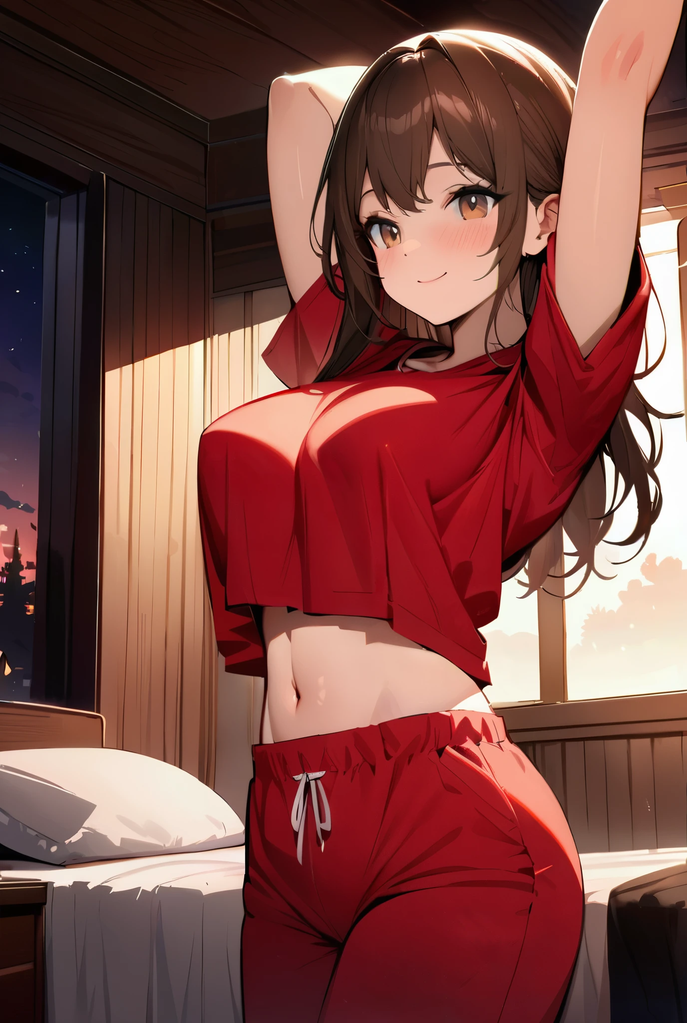 A couple is romance on a bed outside a camp on the mountain. The woman is wearing a red underwear and has big curvy hips. It is night and a fire is burning.