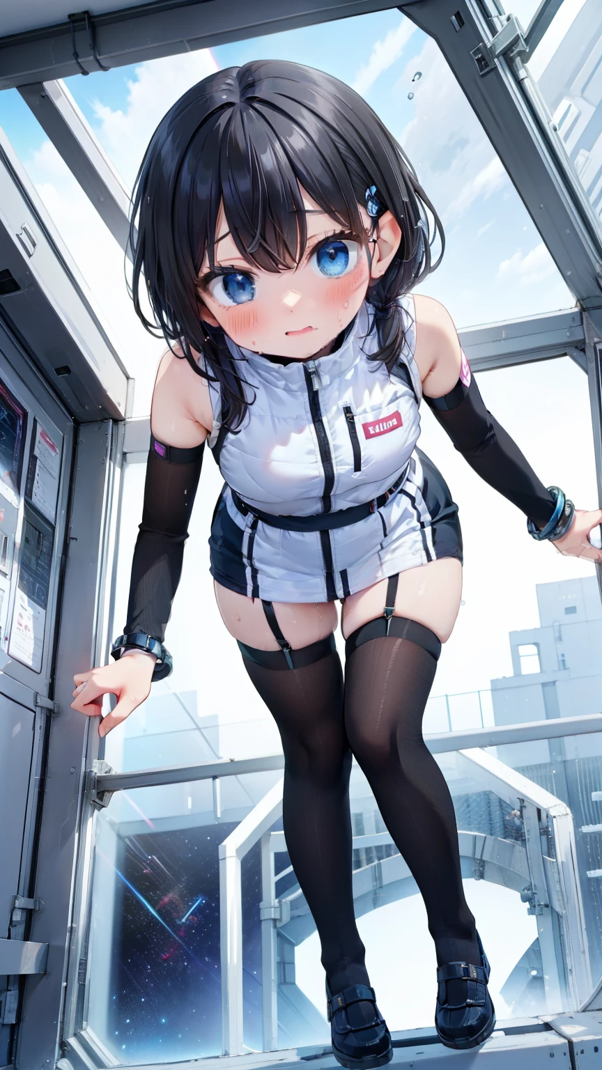 (Best Quality), (masterpiece), 1080P, High resolution, 4K, 8k, Inside the space station、Futuristic room、Thigh straps, Shooting from directly below, The woman on top of me, 白いsweat, Covered , sweat, Woman looking down, Skirt swimsuit, Thigh-high socks, To achieve this, , , whole body, Black leather shoes, Braided Hair, Inner Color, Embarrassed face, Short black hair, bracelet, bedroom,astrovest
