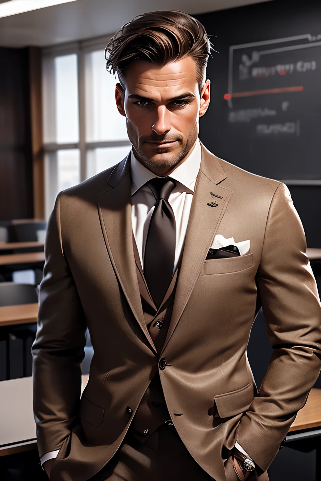 handsome male, 50 year old man, attractive, with an elegant suit, in a classroom, (brown hair with some white streaks), extremely detailed face, hyper detailed, realistic, photorealistic, 8k, high quality, studio lighting, detailed male body