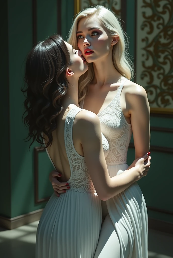 The first woman is holding the waist of the second woman. The second woman is wearing an elegant white lace evening dress. The first woman dress like boss.The second woman wrapped her arms around the first woman's neck. The first woman wrapped her arms around the second woman's waist. The first woman tied her hair into a tight ponytail. The second woman is also a bit brunette and has light hair. They look at each other and are very close. The first woman has long nails. The first woman wore black nail polish. The second woman also has medium-sized nails and wears white nail polish. the first woman grins.the first woman have lighter skin.First woman more taller the second woman.