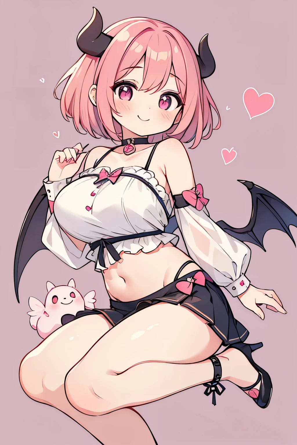High resolution, masterpiece, Anatomically correct, Best Quality, One girl, smile、Blushing、Short Hair、Large, wide eyes、Pink Hair,Choker、Heart symbol、Simple Background、Shoulders stick out、I can see your belly button、Thighs、mini skirt、High heels、Succubus Cosplay
