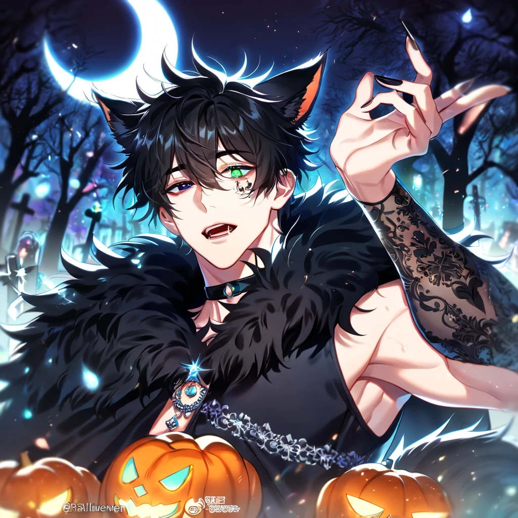 absurdres, highres, ultra detailed, HDR, master piece, best quality, detailed eyes, delicated features, Manhwa Style, Kageura Reiga, black hair, messy hair, hair between the eyes, heterochromia, expressive red right eye, expressive green left eye, Love Jinx, solo, sexy man, handsome, sensual, adult face, werewolf, black wolf ears, black wolf tail, black cape with fur, black vest, detached sleeves, black choker, fancy clothes, silver accessories, black long nails, toned, dark fantasy, magical, forest, cemetery, blue crescent moon, night, blue gleaming pumpkins, blue trees, Halloween, blue glittering fireflies, Jujutsu Kaisen