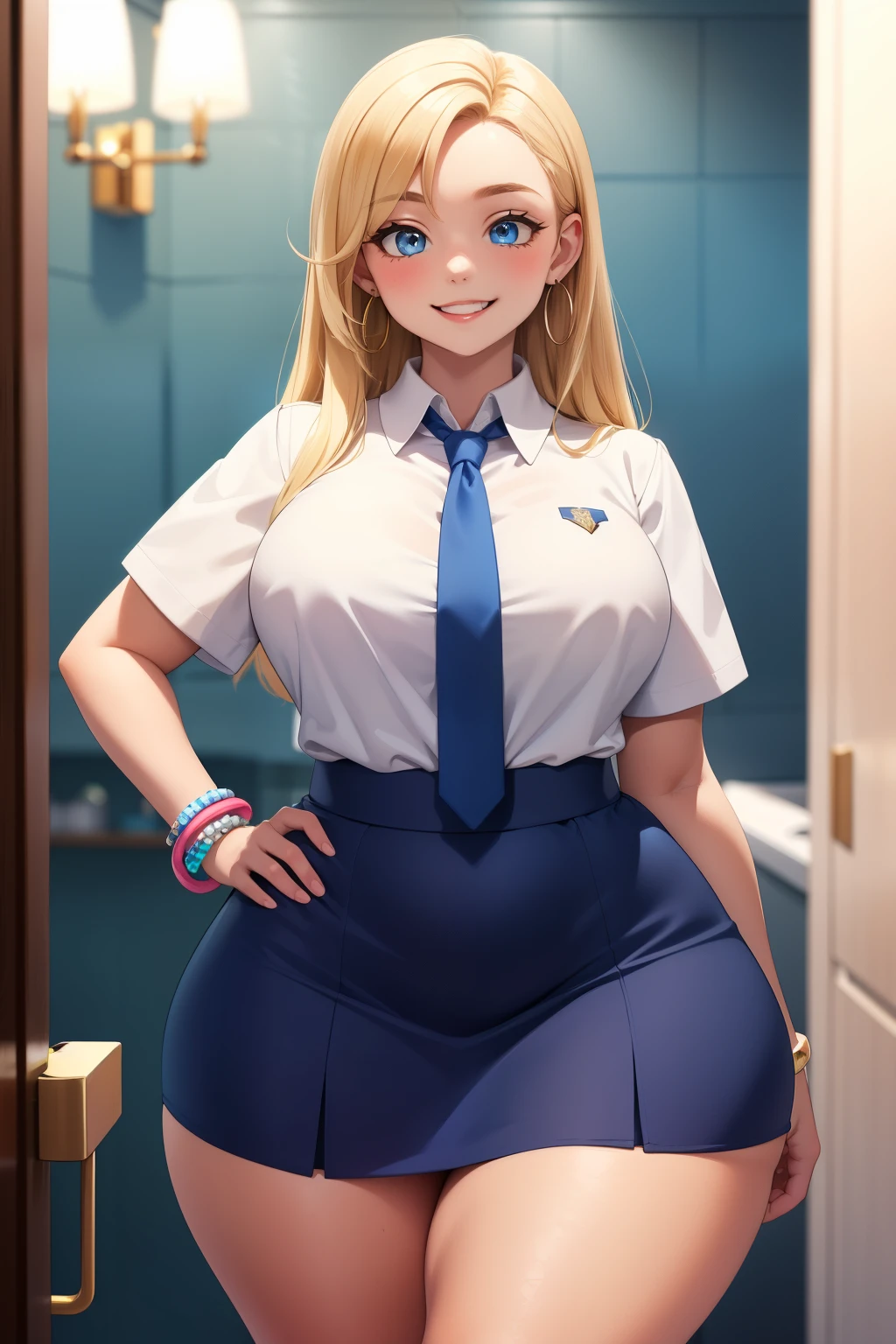 ****ung woman, ((high schooler)), wearing blue skirt and white collar shirt with a tie, bracelets and earrings, ((smiling)), long layered blonde hair, blue eyes, fair skin, posing in her bathroom, wide hips, curvy body, big thick thighs