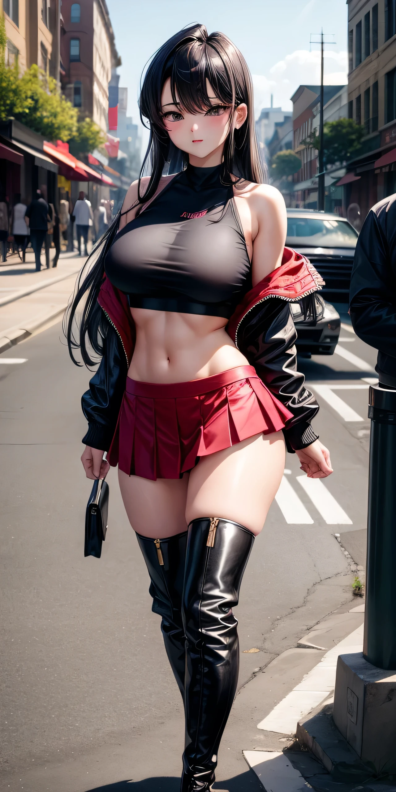 woman, curly red pixie cut hair, green eyes, wearing crop top black shirt, red plaid skirt, (black knee high boots), black fingerless gloves, jacket, exposed shoulders, thick thighs, (full body), large breasts, freckles, cleavage, abs, looking at viewer, masterpiece, best quality