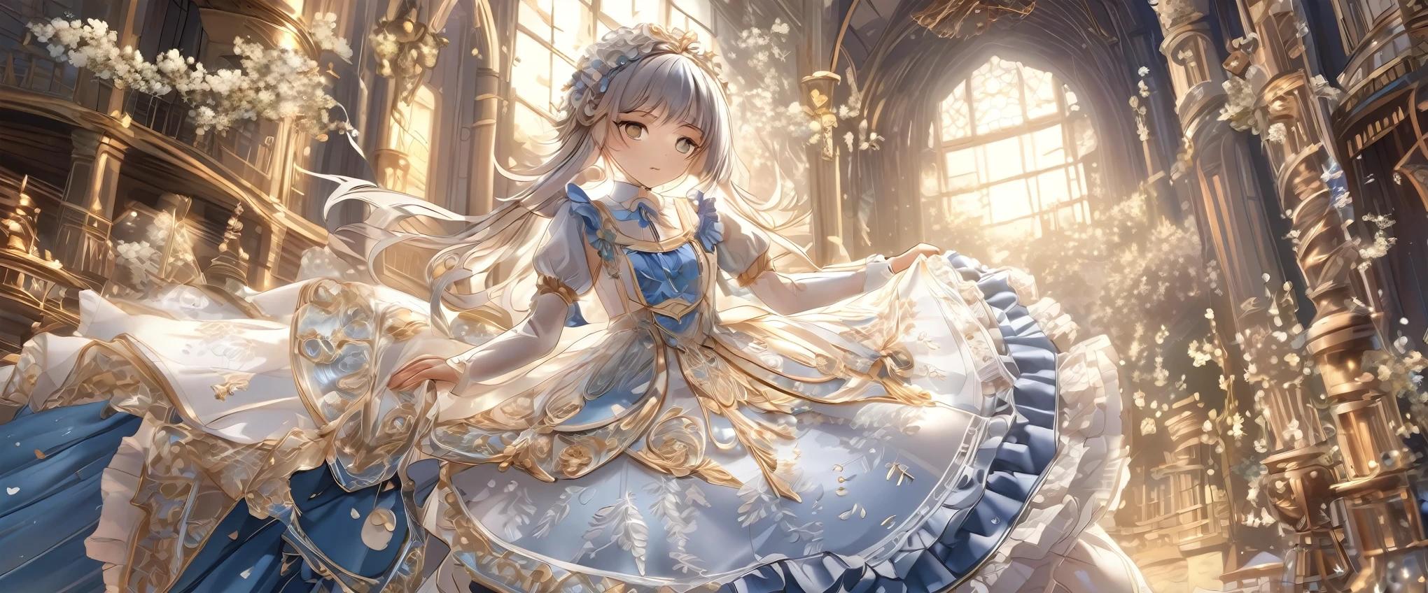 (Highly detailed CG Octane render 8k wallpaper), The most beautiful works of art in the world, Full body shot from below, Complex, high detail, ８Year old girl, Gold and silver embroidery, ロングBloomersを履いている, Medieval Long Dress（With panniers）, Crystal clear fabric, Pull up your skirt, Strong winds, Transparent slip, Translucent tights, Peeking from below, Best Quality, Disarray of clothing, Lying down, underwear, Show off your thighs, night, Skirt lining, Bloomers