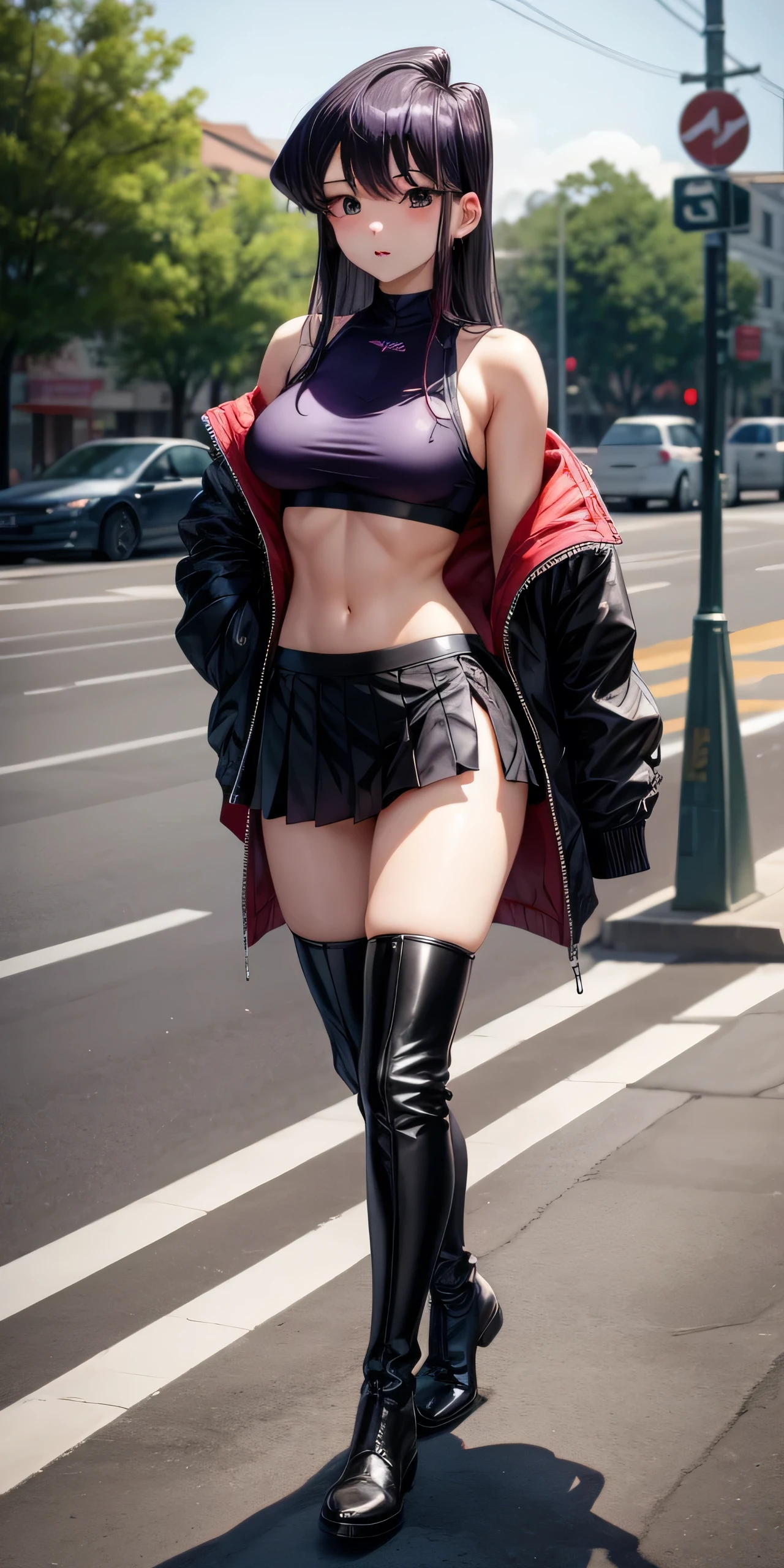 Oh, league of legend, sexy for, wallpapers, detailed eyes, fox ear, (fox tails), a skirt, (long pink fur), medium breasts, Looking at_It is shown in_Looking atl espectador, short_Hair, gloves, belly button, fail, Blue_there are eyes, Eternal, full_body, weapon, Footwear, Necklaces, negro_gloves, pulp, hooded, Hair_overcome_Yoon_there are eyes, cultivator_above, hoodie, negro_pants, sneakers, cut_Jacket, cyber punk character, cut_hoodie