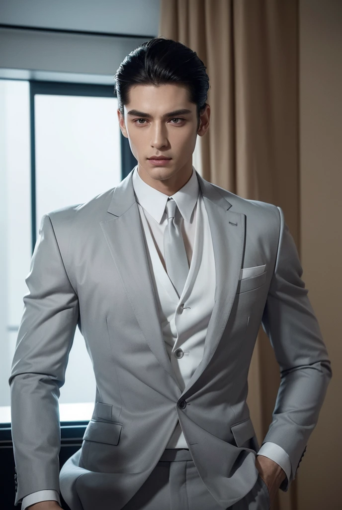In a modern, luxurious hotel lobby, a tall, broad-shouldered man with smooth white skin and a perfectly chiseled face stands out against the sleek decor. His charcoal-grey suit is tailored flawlessly to emphasize his muscular build, and his crisp white shirt is unbuttoned at the collar, revealing a glimpse of his strong, sculpted . His short, slicked-back hair highlights his perfectly symmetrical face, with piercing eyes that radiate confidence, allure, and a subtle hint of danger. His sensual presence dominates the room, his gaze locking onto the viewer with undeniable charisma.