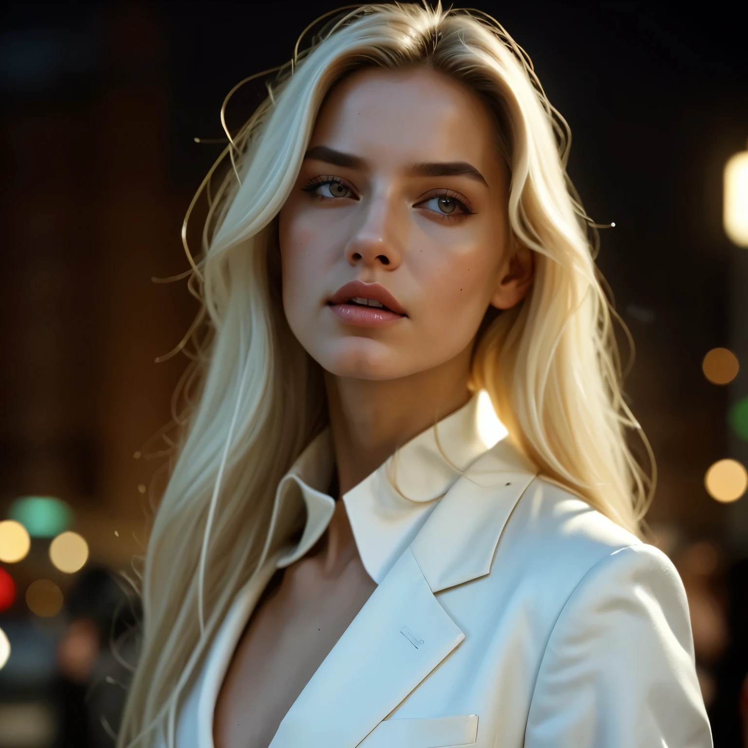 Masterpiece, highest quality, (Alone focus), (Perfect face:1.1), (High level of detail:1.1),Dramatic, 1 chico, (pale skin), long white hair, white eyes, [clear eyebrows], Alone, long hair, officer, Evening, Luxury white suit, covered navel, full lips, covered, Futuristic city, detailed background, Art by Artgerm and Greg Rutkowski, cinematic lightingroses, fashion, BalenciagaStyle