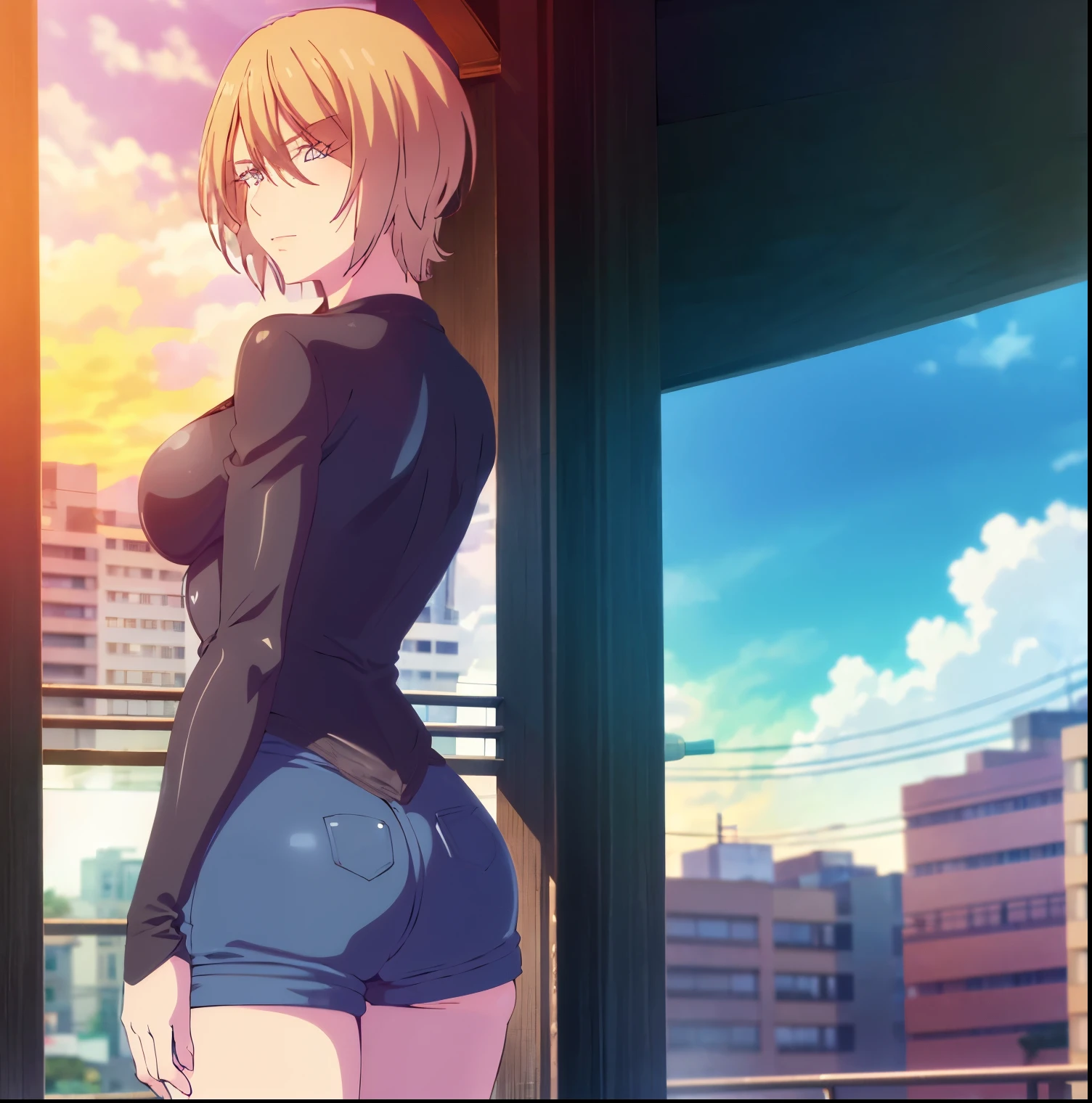 ((1girl)),((alone)), Akane hououji, \(Megami no café terrace\),(masterpiece), (best quality), (ultra detailed), (best illustration), (best shadow), ( absurd ), sharp focus, cowboy shot, atmospheric perspective, depth of field, dynamic posture, ((looking at viewer)), large breasts, narrow waist, wide hips, medium thighs, round butt, erotic, romantic, (highly detailed eyes, lips 1.1), highly detailed eyes, eyes, Highly detailed face, Very pretty face, Symmetrical face, Aesthetic face, perfect face, perfect eyes, detailed eyelashes: 1.5), full height, beautiful slim figure, femininity, expressive appearance, elastic big breasts, sexuality, parted lips, short hair, dull blonde hair, blue eyes, black crop top:1.3, denim shorts:1.3, abdomen, under the breast :1.2, curves, defined body, perfect and beautiful body, perfect and beautiful, captivated gaze, closed mouth, ((flirtatious expression)), blushing, (sexy pose: 1.2), standing :1.3,(( solo)),((outside, cityscape, streets, city, clear sky, clouds, sunset)), Looking back, from behind,((focus on ass:1.4)), point of view: (from below), perfect anatomy, perfect hands