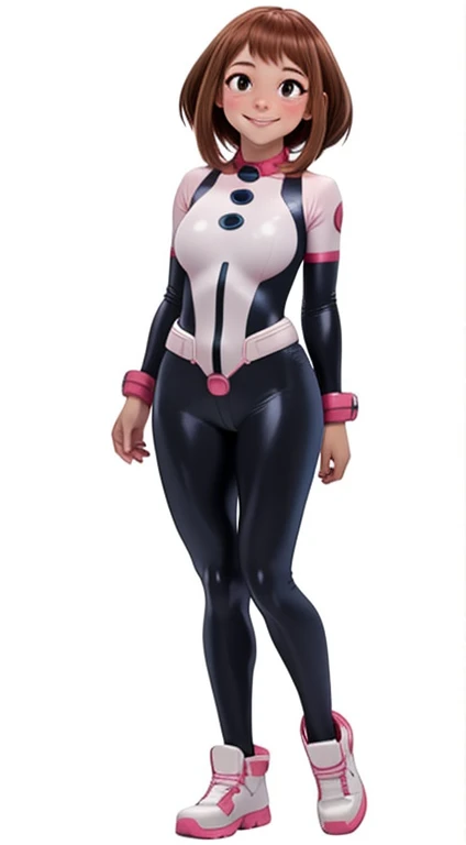 Uraraka Ochako, body suit, Simple Background, Medium breasts, full body, , 1 girl, SIDE LOCKS, blushing stickers, clenched hand, Superhero, white background, smile, black body suit, looking at the viewer, Alone