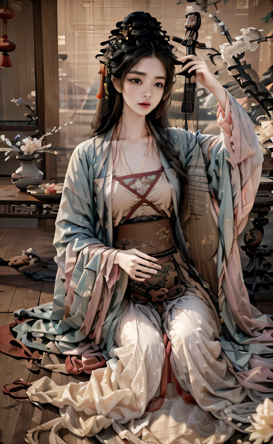 ((Masterpiece up to 16K resolution:1.6)),beautiful,Highest quality,Absolutely wonderful,Very detailed,Ultra-high resolution,masterpiece,Realistic,Realistic,Increased depth of field,Cinematic Light,
One elegant young girl woman, Long black hair,Beautiful face,Very detailed facial expression,Face with a gentle expression,Transparent white skin,Very delicate skin texture,Great proportions,Anatomically correct body,
Elegant high slit dress,elegant colors,Gorgeous and detailed pattern,Beautifully detailed pattern,Detailed cloth texture, super slim , very slim , very fragile image .In a serene and refined hall filled with the soft light of morning, Lin Daiyu enters with an ethereal grace. Her slender figure is draped in a delicate robe of light green silk, embroidered with subtle patterns of plum blossoms and willows, representing her gentle and melancholic nature. The sleeves flow lightly as she moves, and her waist is accentuated by a fine belt of jade. Her face is pale and flawless, like a delicate porcelain doll, with soft, curved eyebrows and almond-shaped eyes that hold a quiet sadness. Her lips are a light cherry red, complementing the elegance of her appearance. Her long, dark hair cascades down her back, adorned with a simple silver hairpin in the shape of a lotus flower. The room around her is adorned with traditional Chinese furniture, delicate silk screens, and the scent of incense fills the air, adding to the tranquil and noble atmosphere.