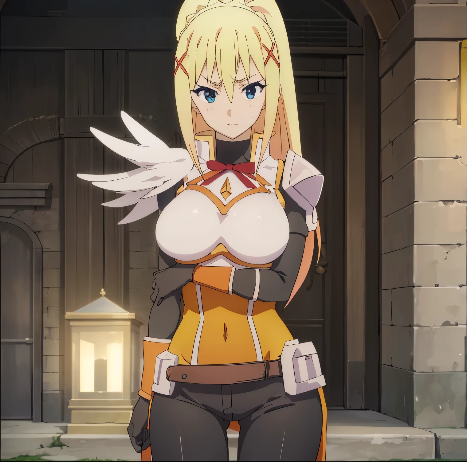 ((1girl)),((alone)),darkness lalatina, \(Konosuba\),(masterpiece), (best quality), (ultra detailed), (best illustration), (best shadow), (absurdities), sharp focus, cowboy shot, atmospheric perspective, depth of field, dynamic posture, ((looking at viewer)), large breasts, narrow waist, wide hips, medium thighs, round butt, erotic, romantic, (highly detailed eyes, lips 1.1), highly detailed eyes, eyes, Highly detailed face, Very beautiful face, Symmetrical face, Aesthetic face, perfect face, perfect eyes, detailed eyelashes: 1.5), full height, beautiful slim figure, femininity, expressive appearance, elastic big breasts, sexuality, half-open lips, blonde hair: 1.3, long hair, blue eyes: 1.2, ponytail, solo, shot jean, thighs, covered nipples, hands on chest, black gloves, black thighs, drop of sweat, standing:1.3, black suit, hair between the eyes, closed mouth, breast suppression, curves, defined body, perfect and beautiful body , perfect and beautiful, hot look, mouth closed, ((excited expression)), blushing, (sexy pose: 1.2), ((solo)),((, inside, dungeon, landscape abandoned, brick building, torches lit the dungeon, dark,)), Looking forward,((focus on breasts:1.4)), point of view:(from middle), perfect anatomy, perfect hands