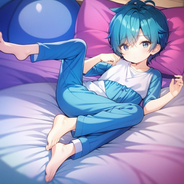 4K), Cute 7 ******************* with small feet and short legs with light blue hair and barefoot and tight tight white sweatpants, Lies down on the bed and shows his feet, Regentag, Nebel Licht, Impressionismus, 2D, Feet in focus,