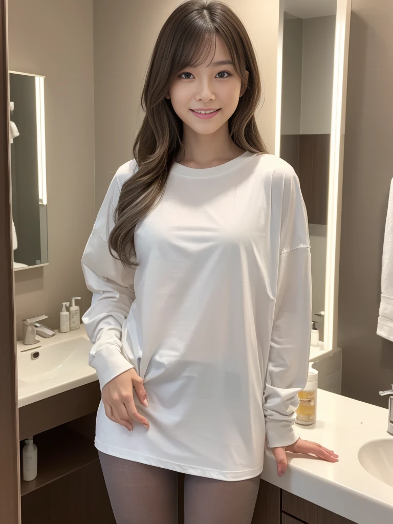 Cowboy Shot, 
break, 
((Plain oversized long sleeve t-shirt:1.2)), ((pantyhose:1.1)), 
break, 
View your viewers, Japanese female university student, (One Woman:1.2), She is very beautiful, Glowing Skin, Perfect Face, Cute and symmetrical face, 
break, 
(Bright silvery white hair), Medium Hair, Wavy Hair, Makeup, 
break, 
(In the bathroom of an apartment late at night:1.2), (Standing:1.2), (Happy Smile), (8k, RAW Photos, Best Quality, masterpiece:1.2), (Realistic, Photorealistic:1.4), Very detailed, Shallow depth of field, Beautiful Hair, Beautiful Face, Beautiful attention to detail, Real Skin, Beautiful fingers, Perfect Anatomy, Perfect legs, Perfect hands, Perfect Eyes, Perfect body, smile, Double eyelids, (Natural Side Lighting, Cinema Lighting), NSFW,