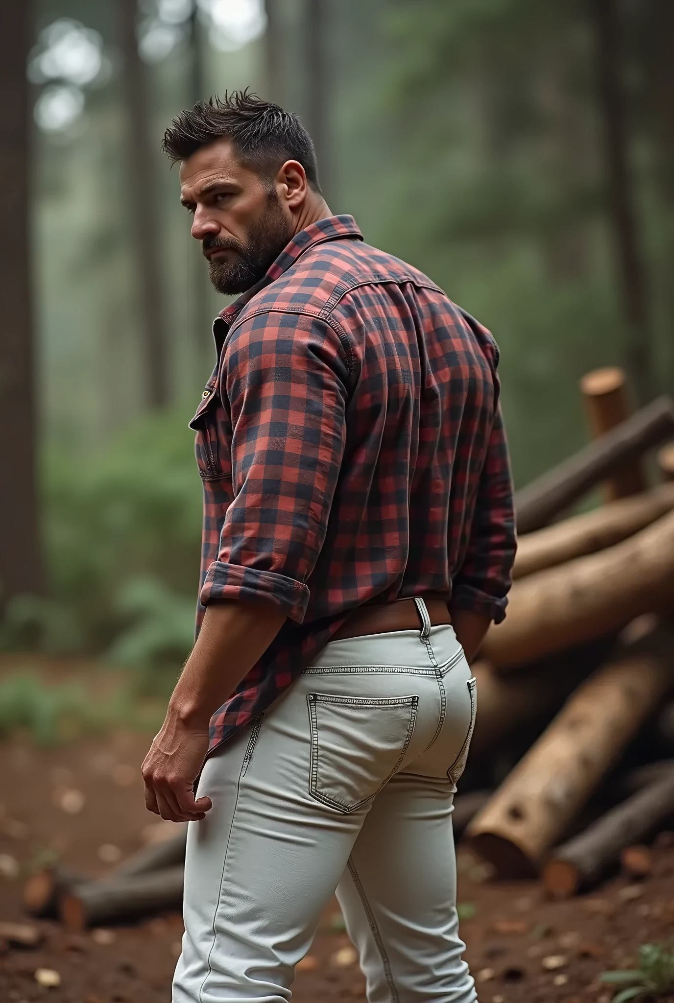 two middle aged old handsome rugged ukranian strong men, sharp focus, skin texture, extremely detailed, wearing lumberjack red shirt, woods, snow, pants down, long cocks, (rear hug), biting neck