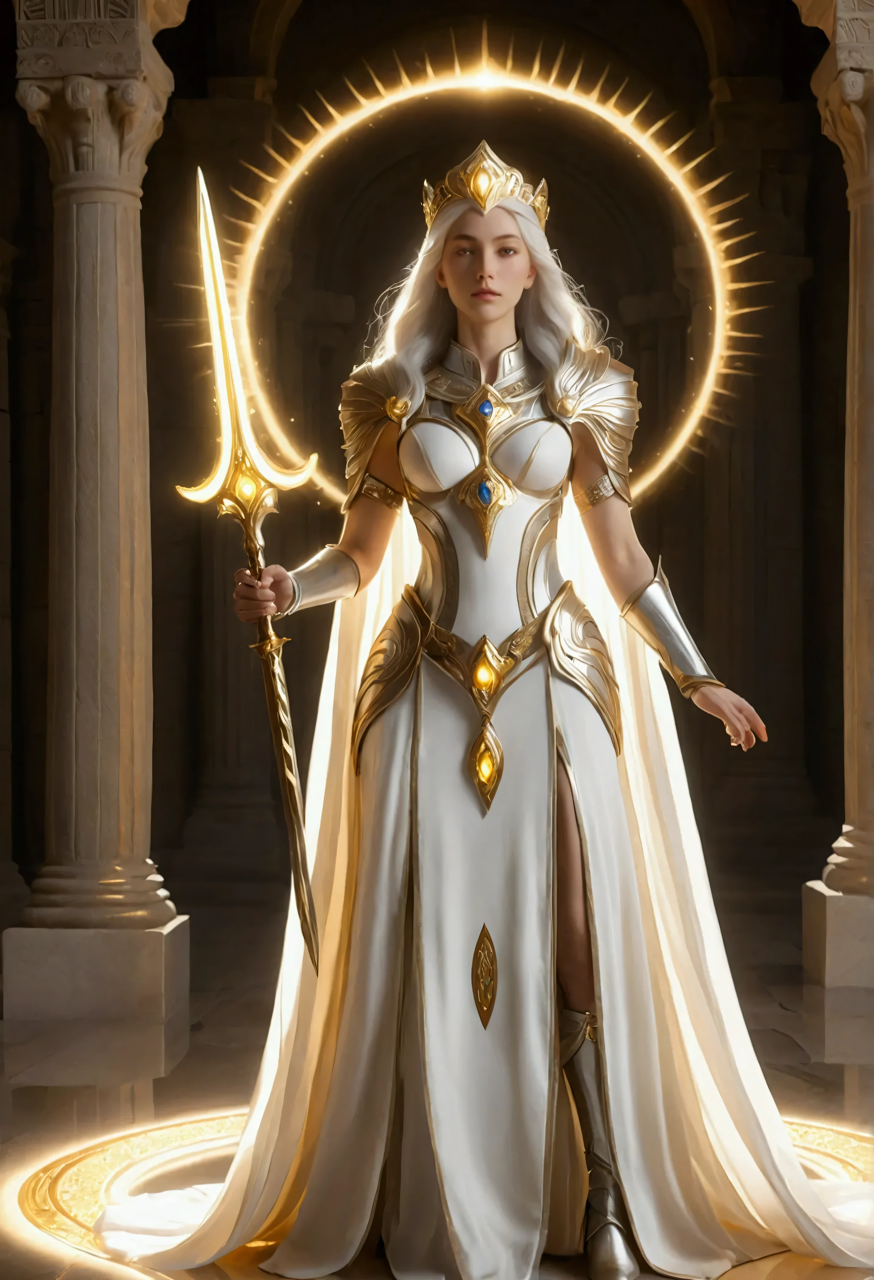 A stunning female paladin stands proudly at the grand entrance of a majestic Paladin temple. Towering stone columns with intricate, sacred engravings frame the scene, while shafts of divine light, or Godrays, cascade from the heavens through the temple’s high arches, bathing the paladin in a radiant, ethereal glow. The air is filled with magical iris petals, softly floating and shimmering with a faint, mystical light, as they drift gracefully across the floor and in the air.

Her long, flowing white hair shimmers under the golden rays, and atop her head, a glowing silver tiara adorned with delicate iris flowers radiates divine energy. Her gleaming armor is adorned with subtle floral designs that glow softly, further enhanced by the magical energy in the air. In one hand, she holds a radiant sword, its blade glowing with holy power, while her other hand grips a magnificent shield that shines with an otherworldly light, centered by an emblem of a glowing iris.

The Godrays piercing through the temple’s entrance create a powerful, almost celestial atmosphere, illuminating the scene with an aura of divine protection. The magical iris petals, infused with light and mystic energy, swirl in the golden beams, adding to the surreal and sacred ambiance. The high-fidelity image captures her as both a protector and a divine figure, with the glowing tiara, weapon, shield, and petals all emphasizing her connection to the divine and her role as a graceful yet powerful guardian.

This masterpiece blends the grandeur of the ancient temple, the divine Godray effect, and the enchanting presence of the magical iris petals into a visually stunning portrayal of the paladin’s strength, beauty, and celestial power.