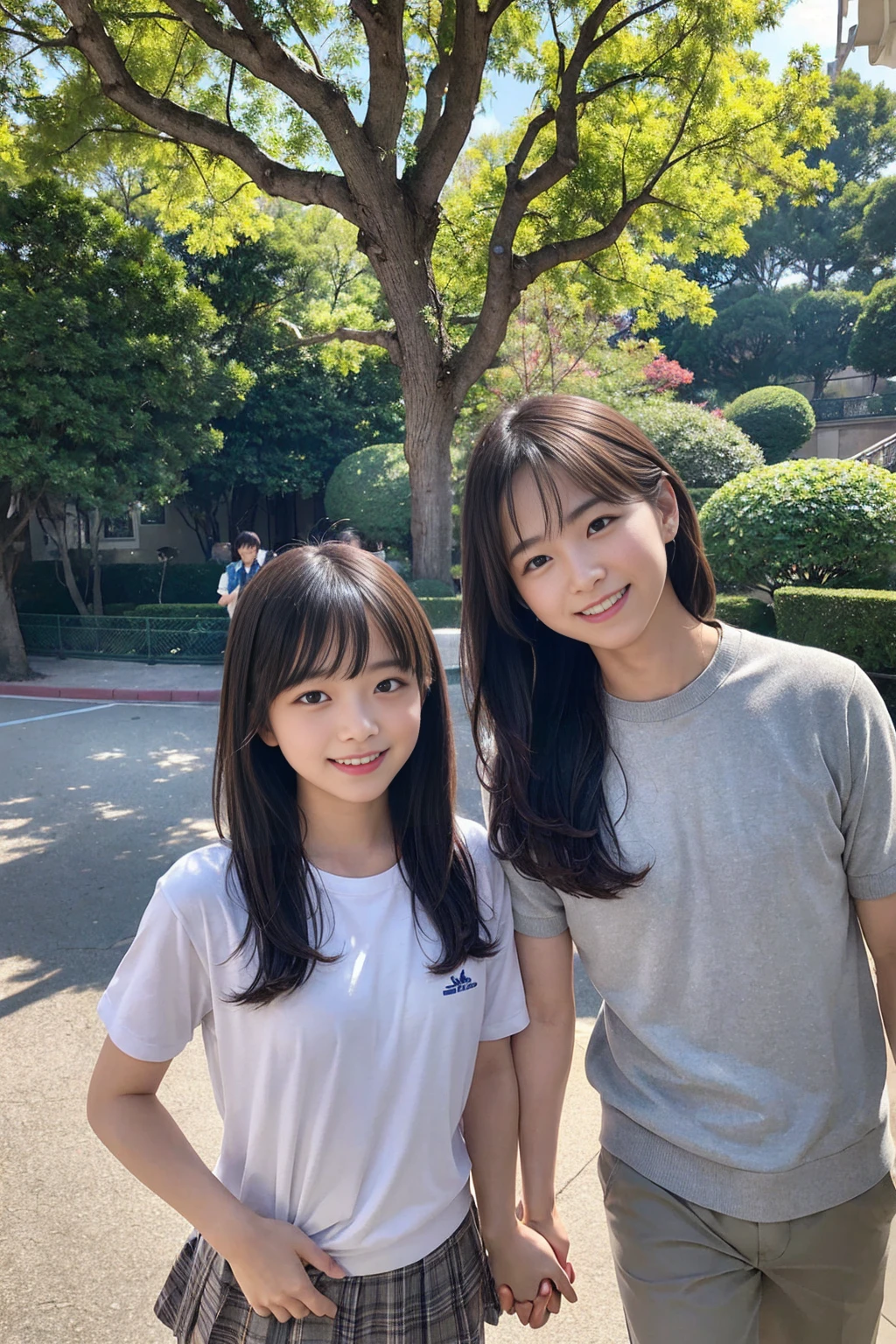 8k、best image quality、masterpiece、summer、Japanese high school girl meets friends while commuting to school。she smiled。、I winked in my right eye.、１２age、short hair、