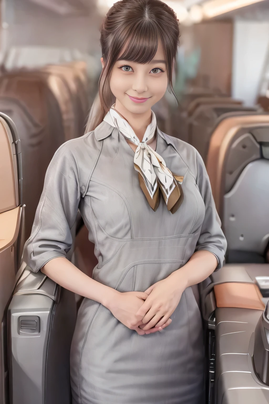 (masterpiece:1.2、Best Quality:1.2)、32kHDR、High resolution、(alone、1 girl、Slim figure)、（Starlux Airlines Cabin Crew Uniform）、 (At the airport counter, Professional Lighting)、A proper woman, Beautiful Face,、（Starlux Airlines Cabin Crew Uniform Short Sleeve）、（Starlux Airlines Cabin Crew Uniform）、（Scarf on chest）、Big Breasts、（Long Hair、Hair Bun）、dark brown hair、Long Shot、（（Great hands：2.0））、（（Harmonious body proportions：1.5））、（（Normal limbs：2.0））、（（Normal finger：2.0））、（（Delicate eyes：2.0））、（（Normal eyes：2.0））)、Beautiful position、smile、Hands down