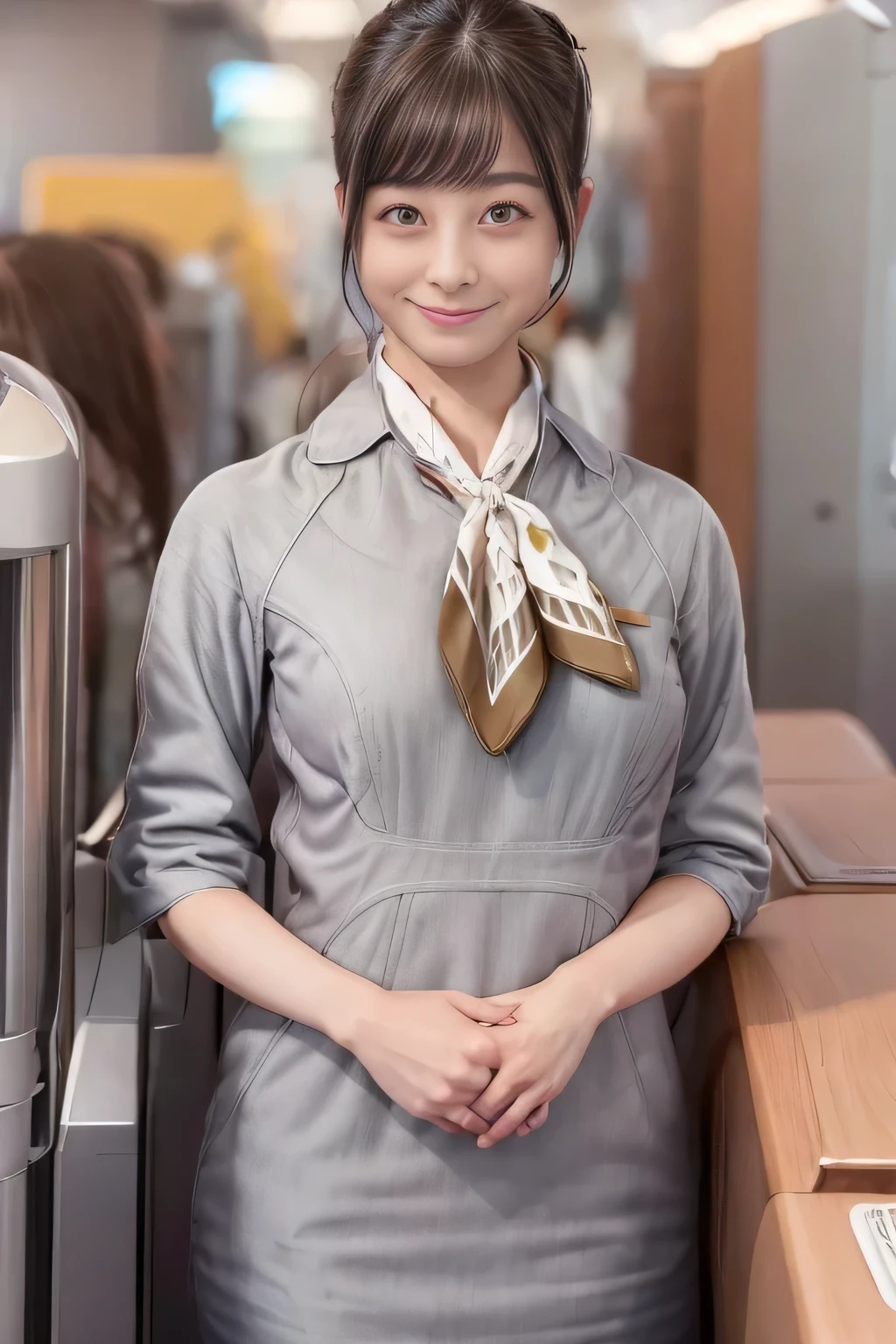 (masterpiece:1.2、Best Quality:1.2)、32kHDR、High resolution、(alone、1 girl、Slim figure)、(Starlux Airlines Cabin Crew Uniform)、 (At the airport counter, Professional Lighting)、A proper woman, Beautiful Face,、(Starlux Airlines Cabin Crew Uniform Short Sleeve)、(Starlux Airlines Cabin Crew Uniform)、(Scarf on chest)、Big Breasts、(Long Hair、Hair Bun)、dark brown hair、Long Shot、((Great hands:2.0))、((Harmonious body proportions:1.5))、((Normal limbs:2.0))、((Normal finger:2.0))、((Delicate eyes:2.0))、((Normal eyes:2.0)))、Beautiful position、smile、Hands down