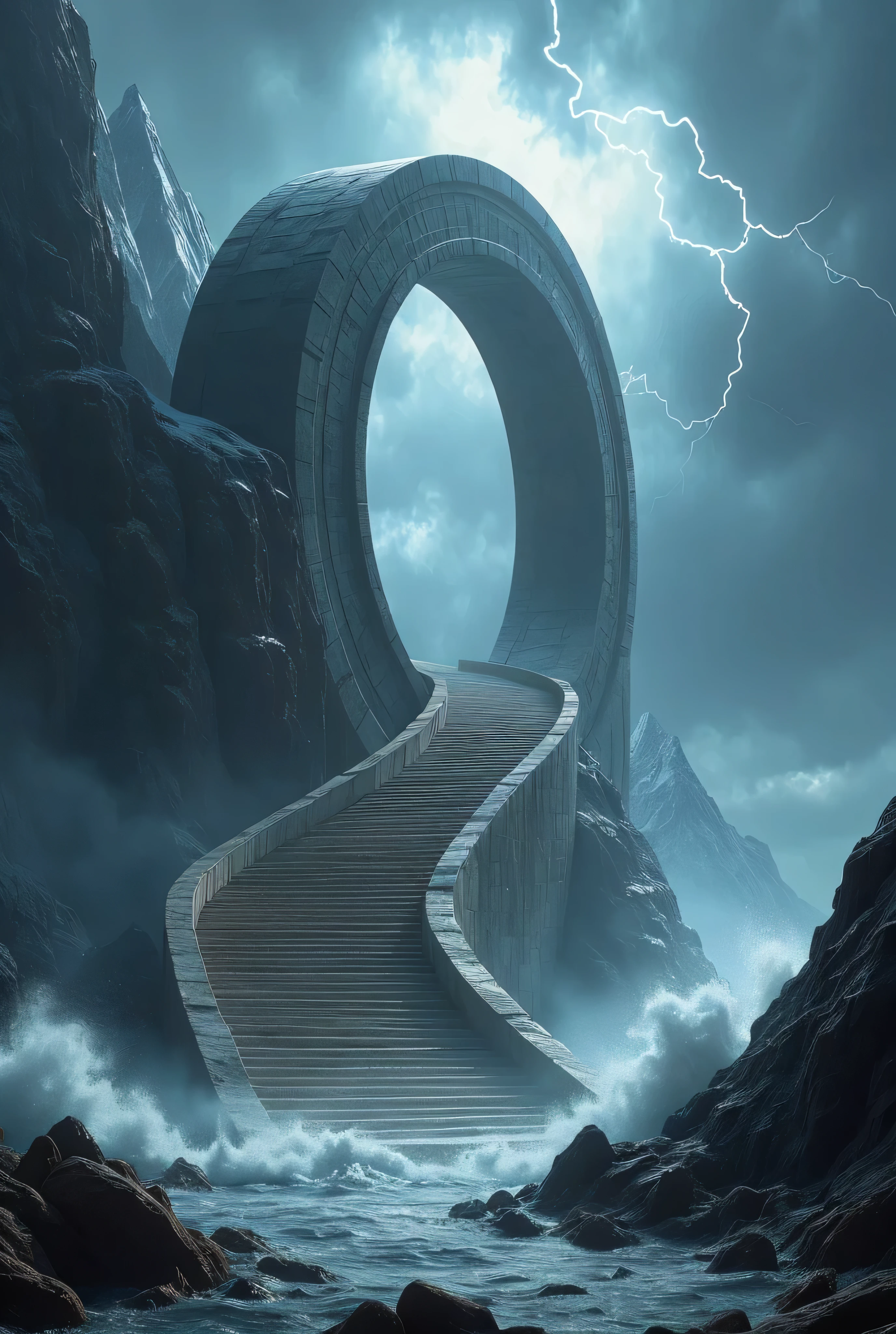 A stone staircase at the end of the stargate circuit, on the right side strong waves, left side a rocky mountain with snow on top, sky with big dark clouds with lightning coming out of them and above the cosmic 
Luz refletida, Arte conceitual, Surrealismo, 