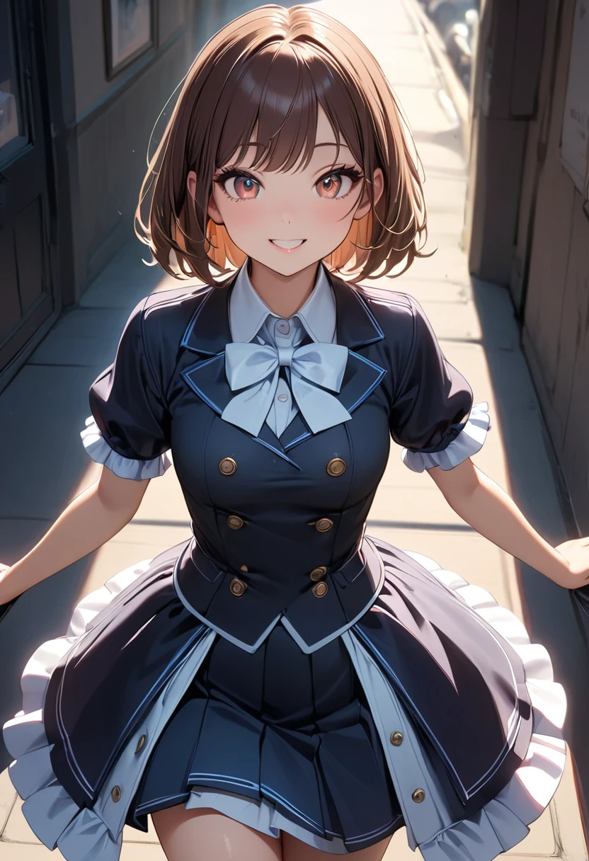 masterpiece, best quality, highres, aamomo,(chibi),short hair, ahoge, hair ornament, black ascot, black dress, short dress, long sleeves, white thighhighs,white panty,cameltoe,panty shot, standing, cowboy shot, smile