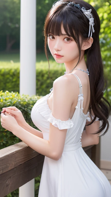 masutepiece, Best Quality, One girl, (Beautiful Girl:1.3), (16 years old:1.2), Very fine eye definition, (Symmetrical eyes:1.3), NSFW, (cute little、With net-like slits、Highly detailed mini dress with open neckline、:1.3), Beautiful breasts, Brown eyes, Parted bangs, Brown hair, Upper teeth、background outdoor blur、chain＆rock choker、sitting in a bench、Show white panties
