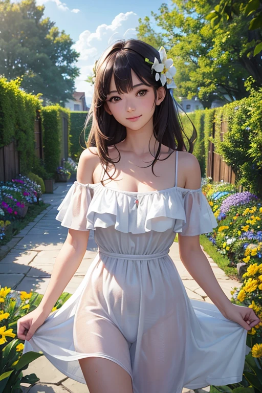 Realistic, One girl, Black Hair, Dark brown eyes, Bright Eyes, Cleft lip, blush, cute, garden, Day, Flowers.