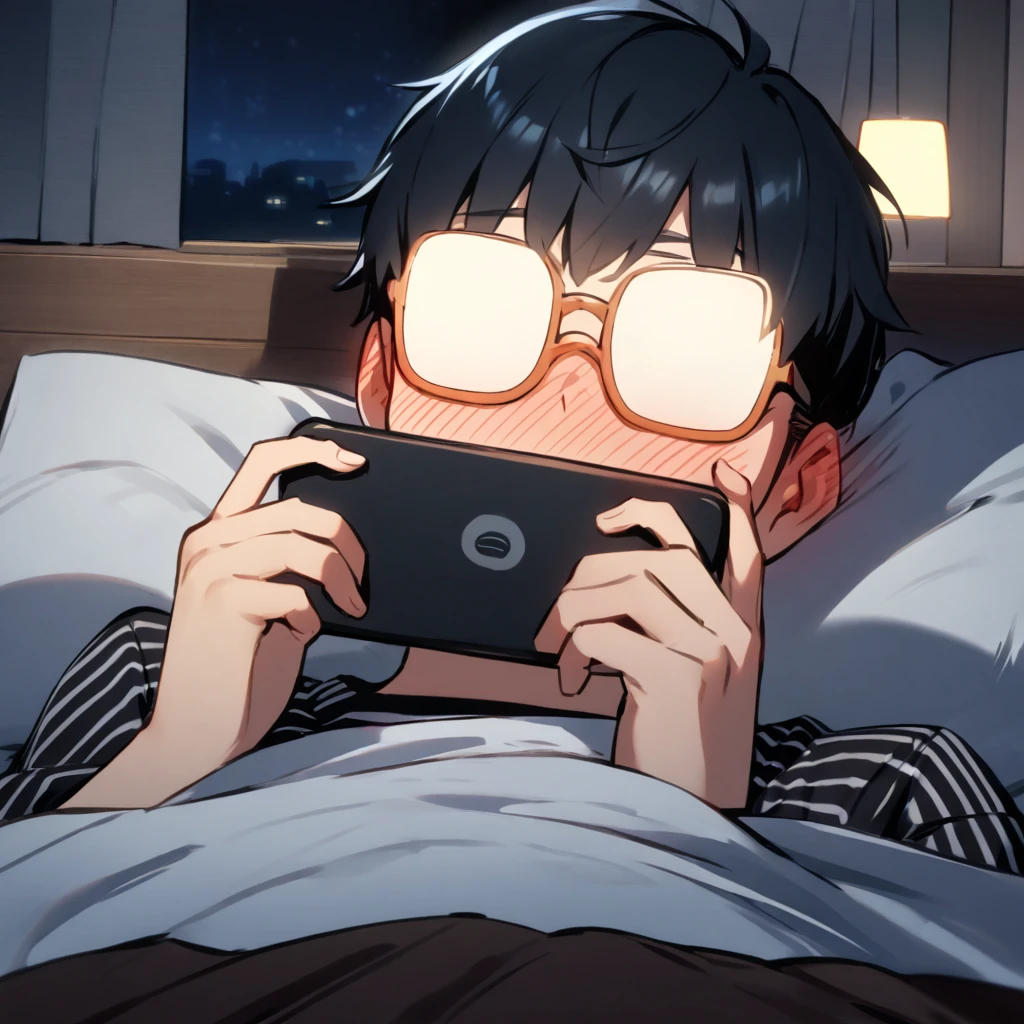 Man, round glasses, laying in bed, looking at his phone, screen illuminates his face, night, no lights on, nerdy, simple, nerdy, detailed face, no eyes, blushing