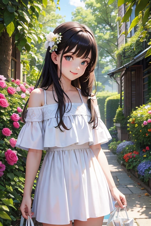 A beautiful woman with light delicately filtering through her hair, her summer dress is beautiful and she's standing in front of a cottage