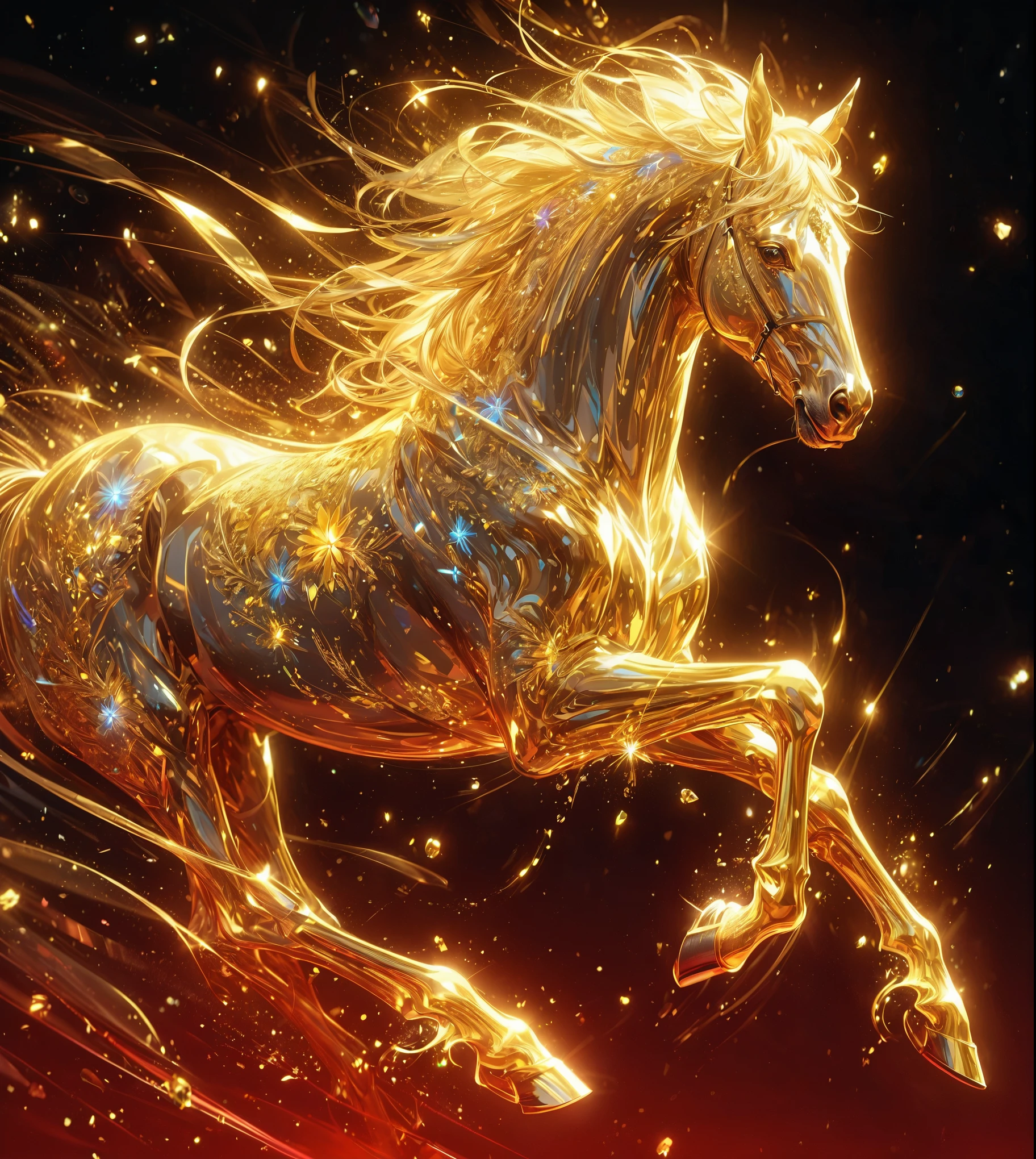 Illustration of a golden horse, a translucent horse that shines in neon lights, a highly detailed high-definition horse, crystal specifications, motion blur, light particle effects that give the feeling of running, and a red-based theme. Awesome and detailed backgrounds, iris, cinematic lighting, masterpieces, top quality, highly detailed CG Unity 8K wallpapers,