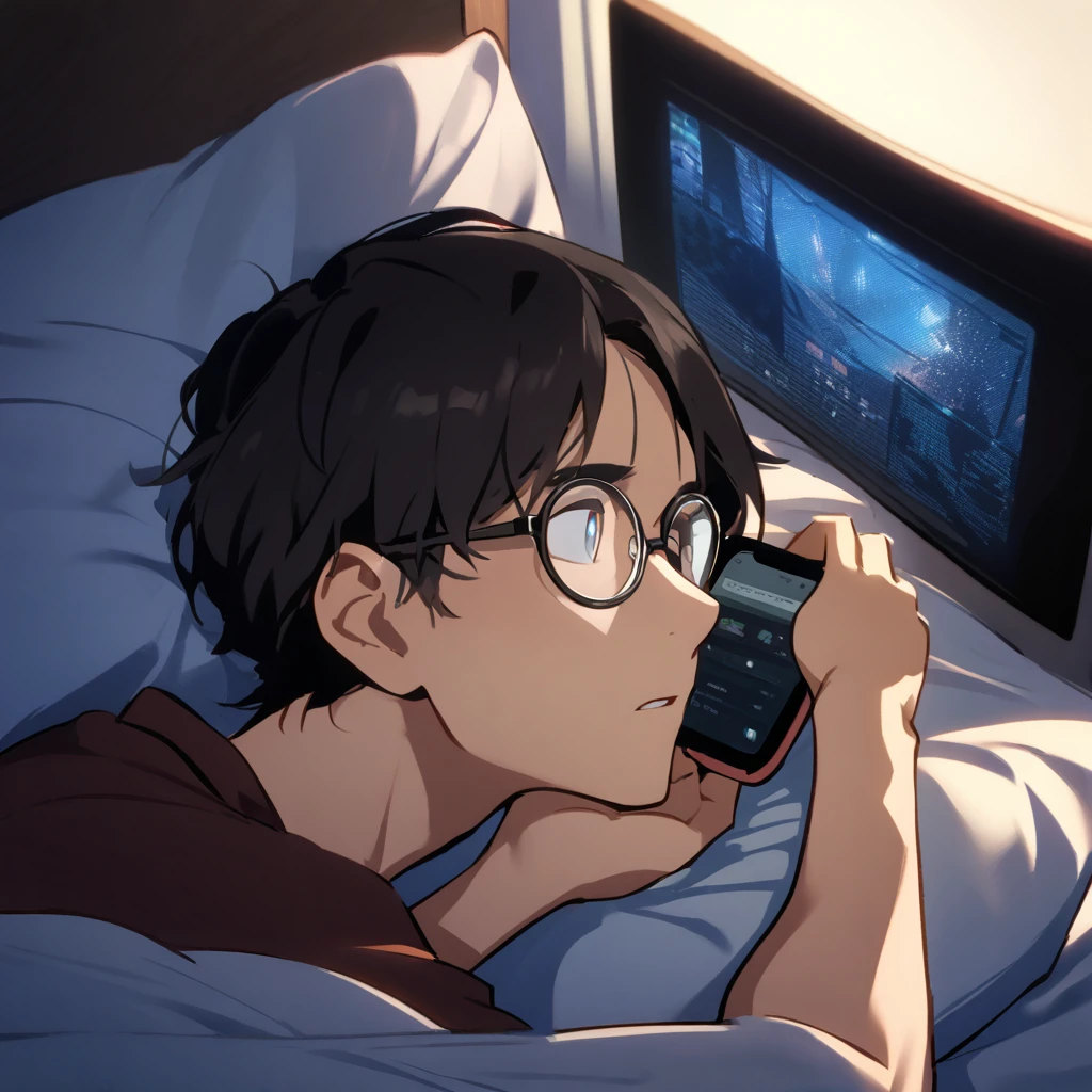 Man, round glasses, laying in bed, looking at his phone, screen illuminates his face, night, no lights on, nerdy, simple, nerdy, detailed face, no eyes