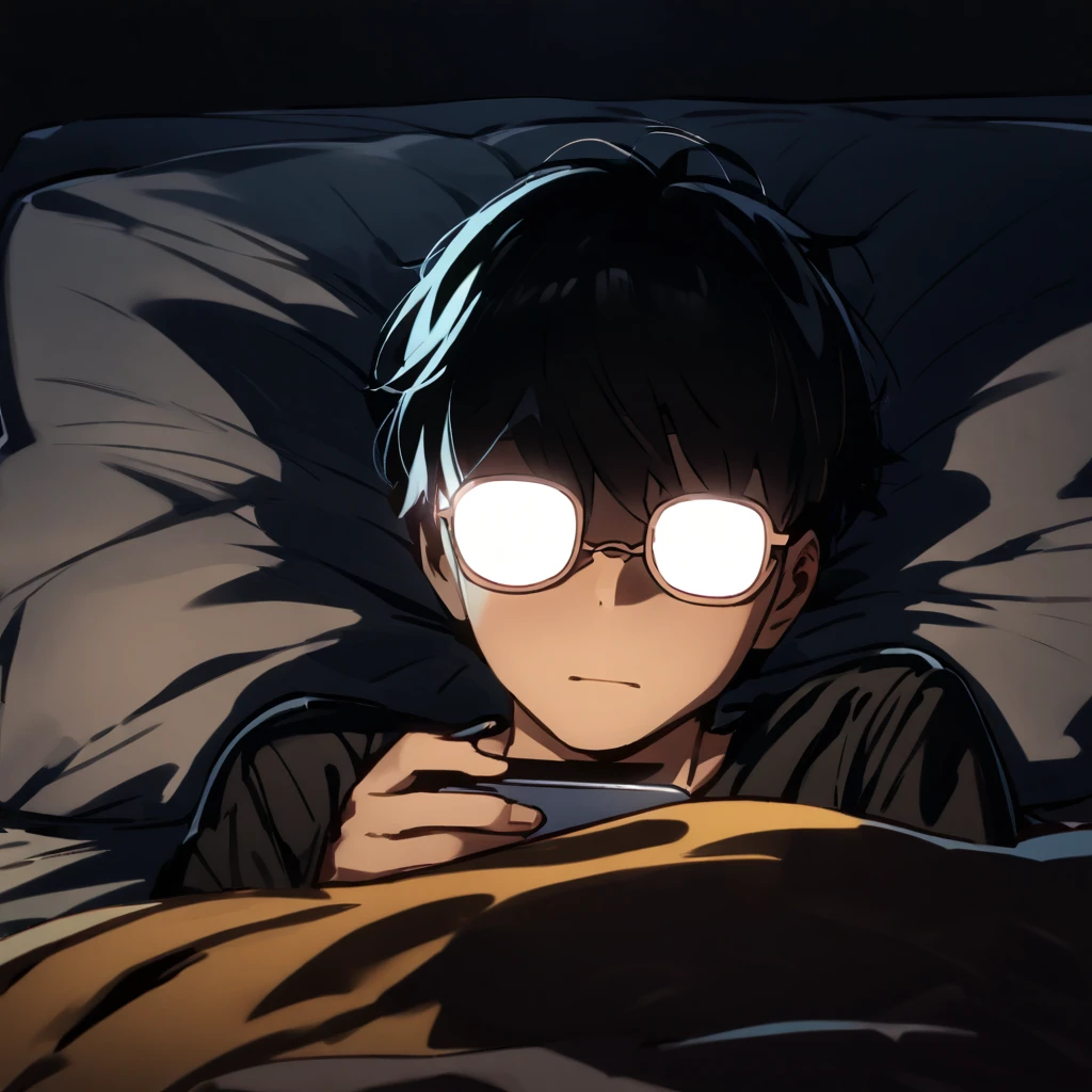 Man, round glasses, laying in bed, looking at his phone, screen illuminates his face, night, no lights on, nerdy, simple, nerdy, detailed face, no eyes