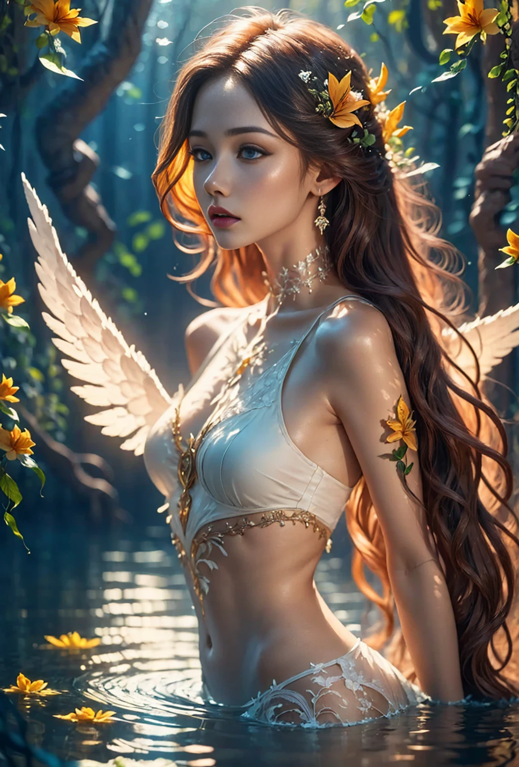 1girl, underwater, long flowing red hair, angel wings, orange yellow white lilies, beautiful detailed eyes, beautiful detailed lips, extremely detailed face, highly detailed, photorealistic, 8k, masterpiece, cinematic lighting, intricate details, vibrant colors, dramatic fantasy, ethereal, serene, calming