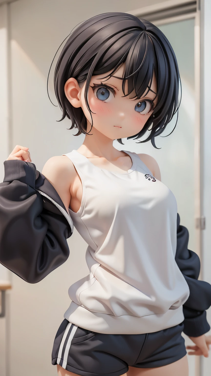 1 girl、cool、female student、physical education student、Black Hair,、girlish、Shortcuts、Jersey、Tracksuits、Clothing patterns、Clothing Design、The front is open、whole body、cute face, masterpiece, tank top, shorts.